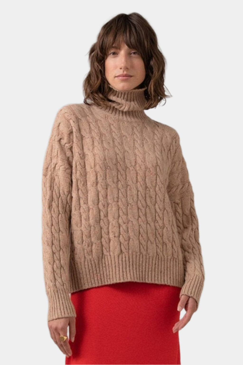 Johnstons of Elgin - Cable Cashmere Camel Roll Neck Jumper