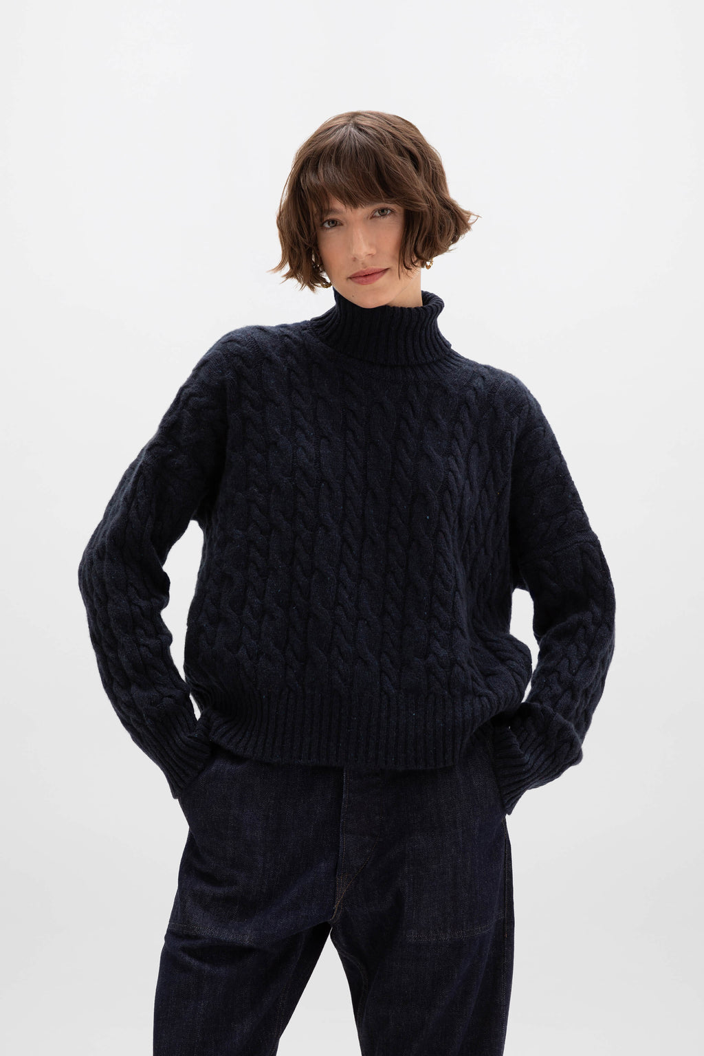 Johnstons of Elgin - Donegal Cable Knit Cashmere Dark Navy Roll Neck Jumper