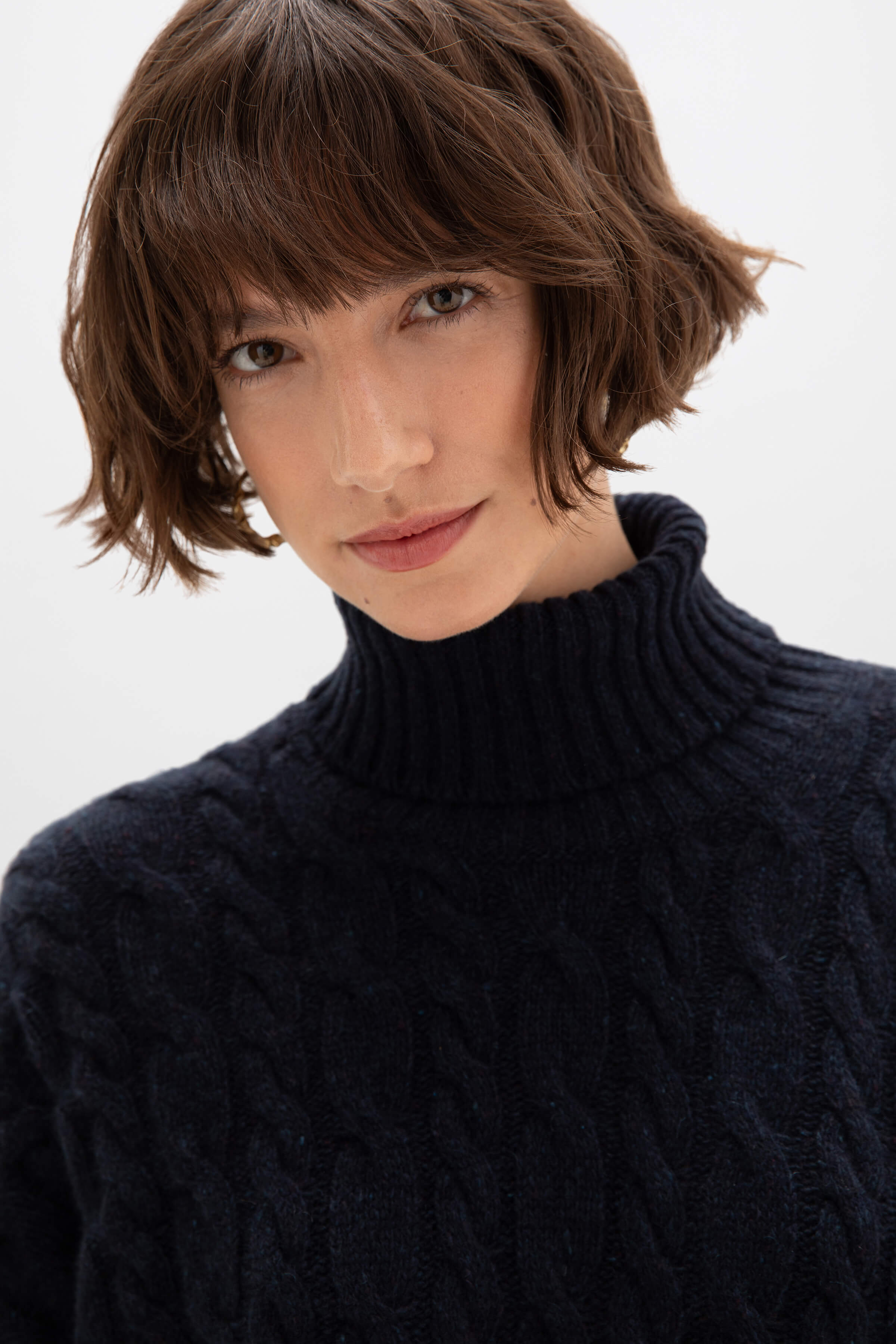 Johnstons of Elgin - Donegal Cable Knit Cashmere Dark Navy Roll Neck Jumper