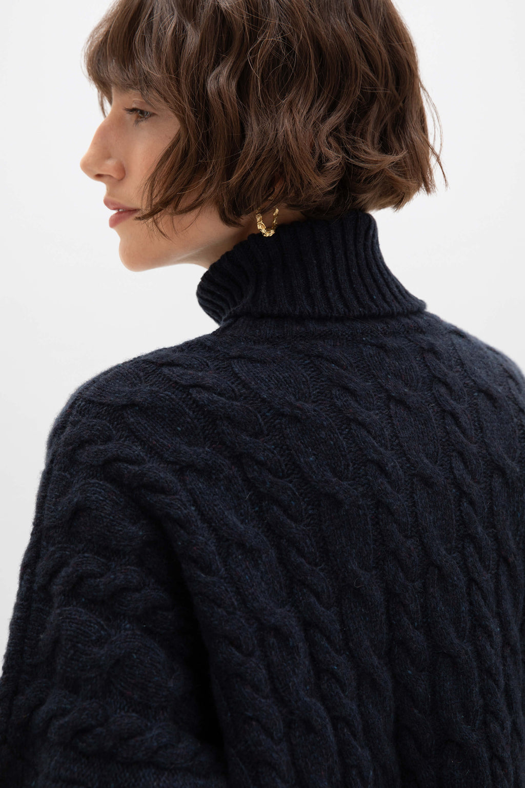 Johnstons of Elgin - Donegal Cable Knit Cashmere Dark Navy Roll Neck Jumper