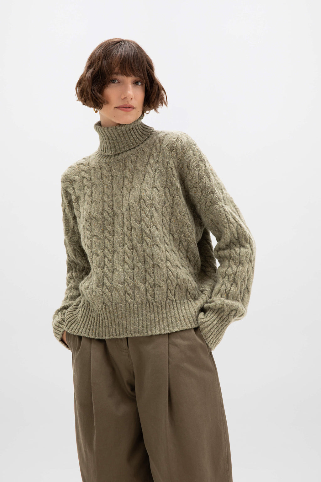 Johnstons of Elgin - Donegal Cashmere Green Cable Roll Neck Jumper