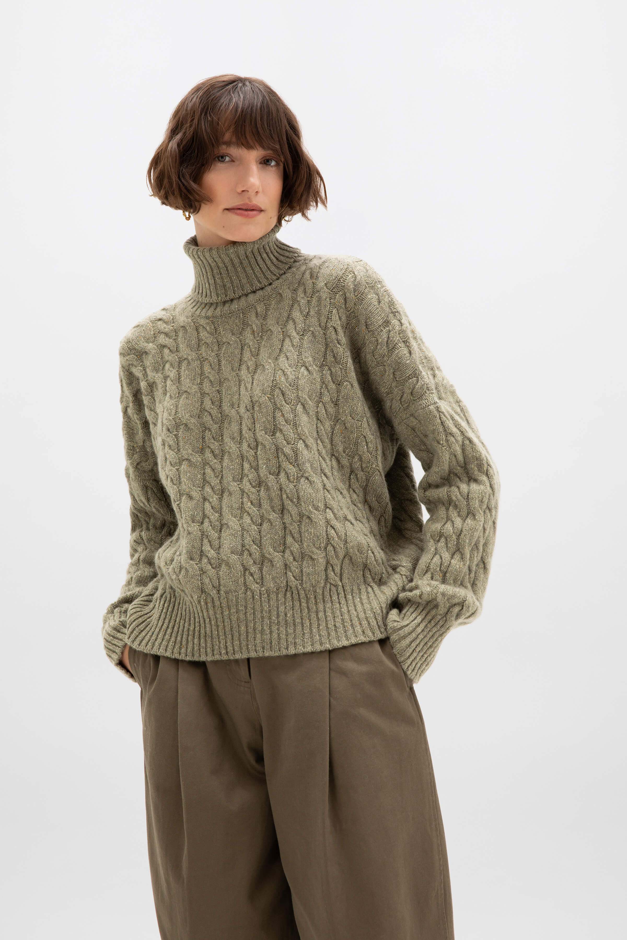 Johnstons of Elgin - Donegal Cashmere Green Cable Roll Neck Jumper