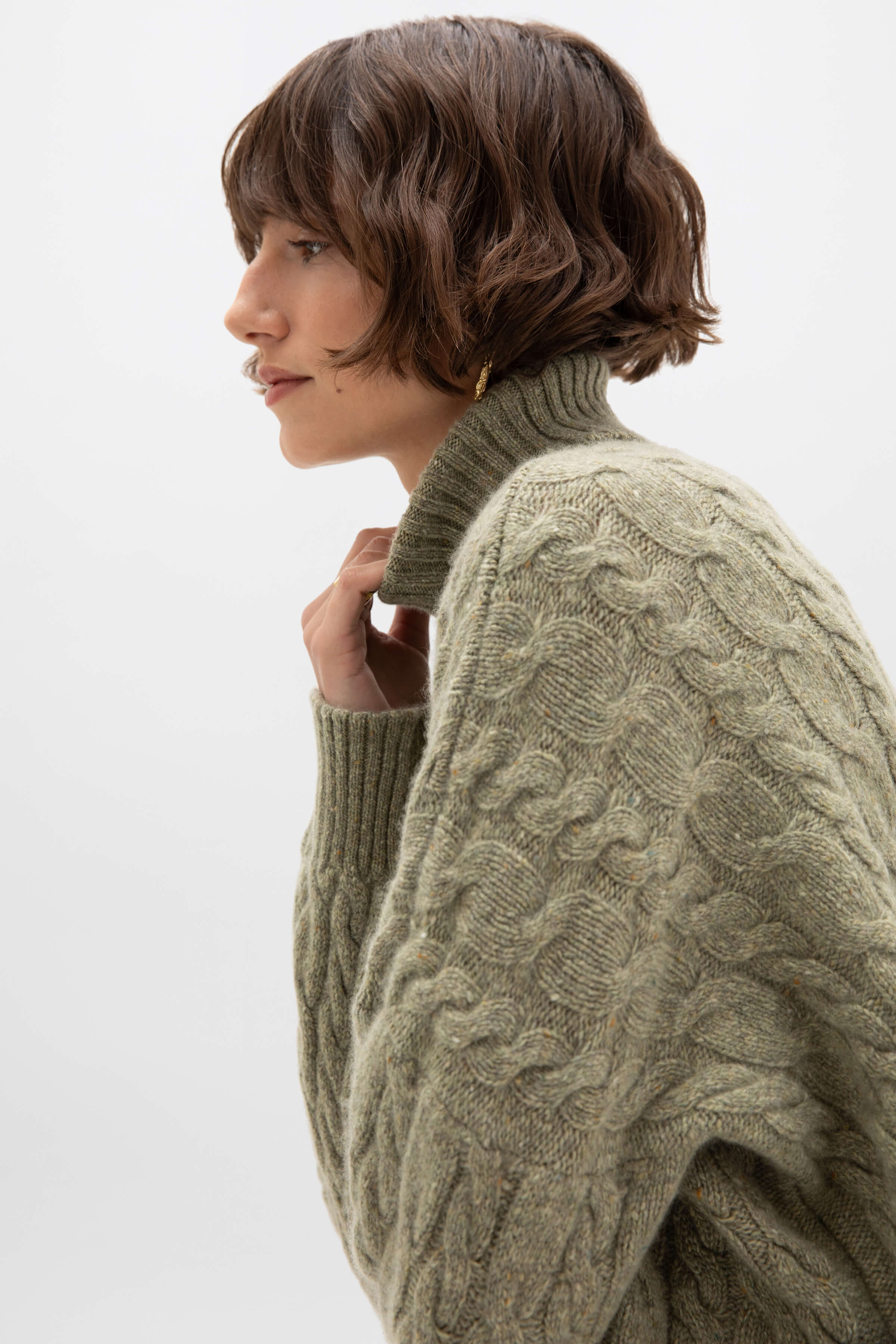 Johnstons of Elgin - Donegal Cashmere Green Cable Roll Neck Jumper