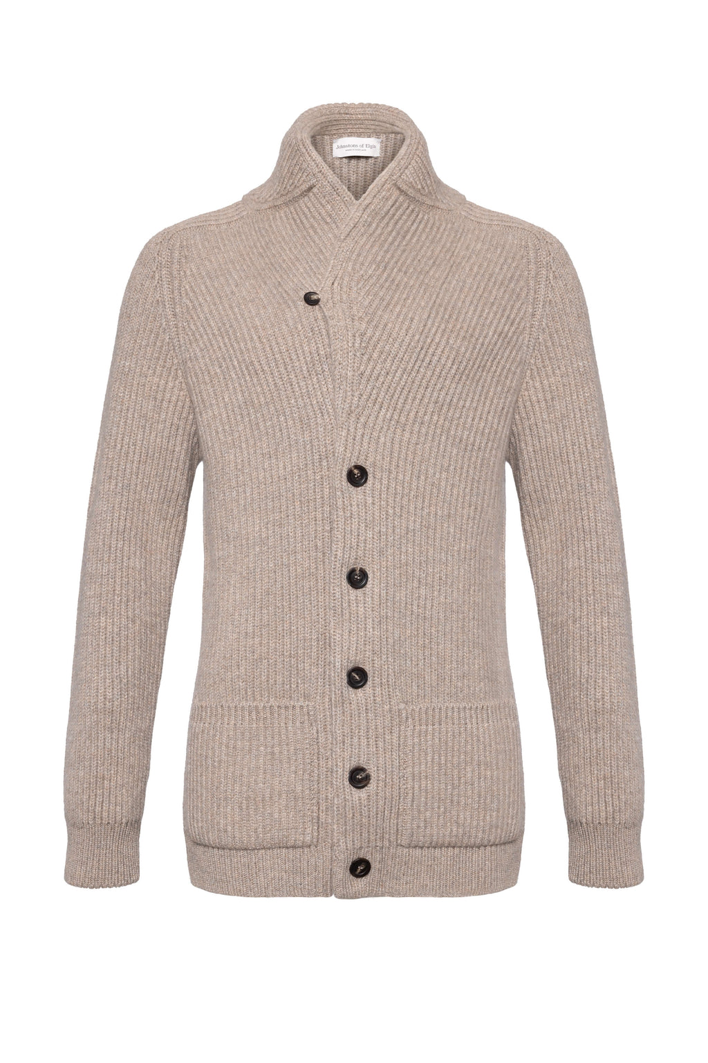 Johnstons of Elgin - Ribbed Shawl Collar Light Brown Cashmere Cardigan