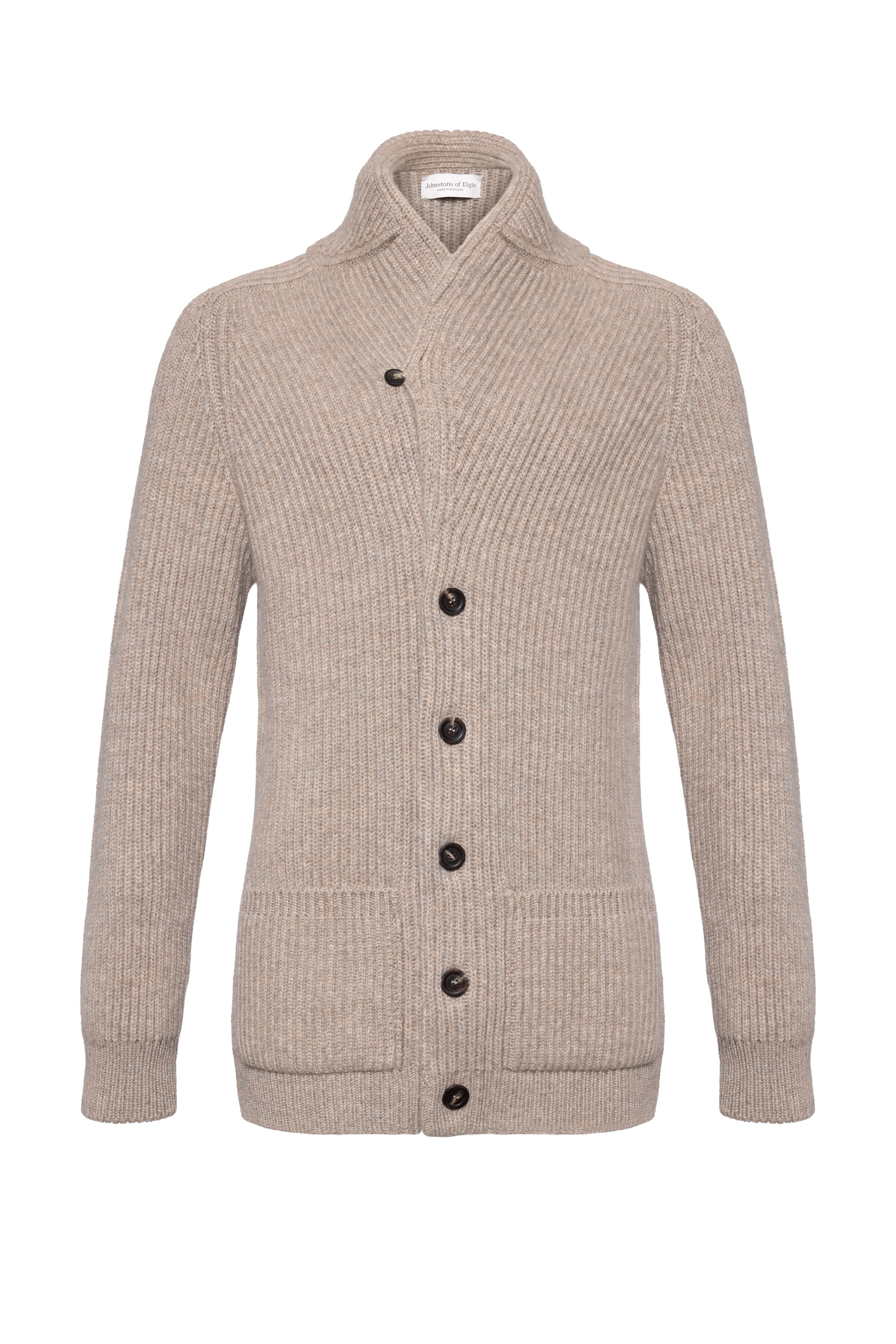 Johnstons of Elgin - Ribbed Shawl Collar Light Brown Cashmere Cardigan