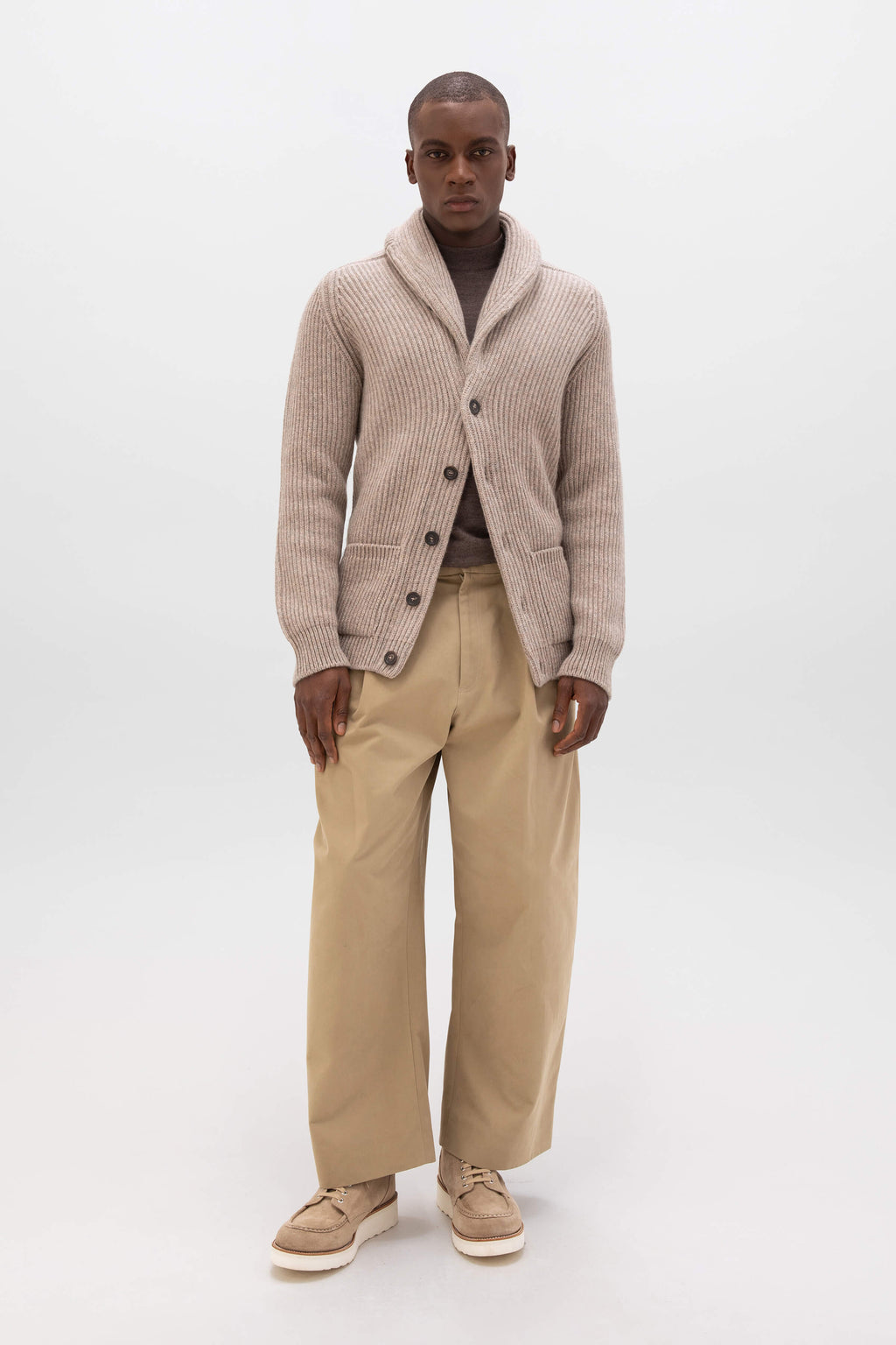 Johnstons of Elgin - Ribbed Shawl Collar Light Brown Cashmere Cardigan