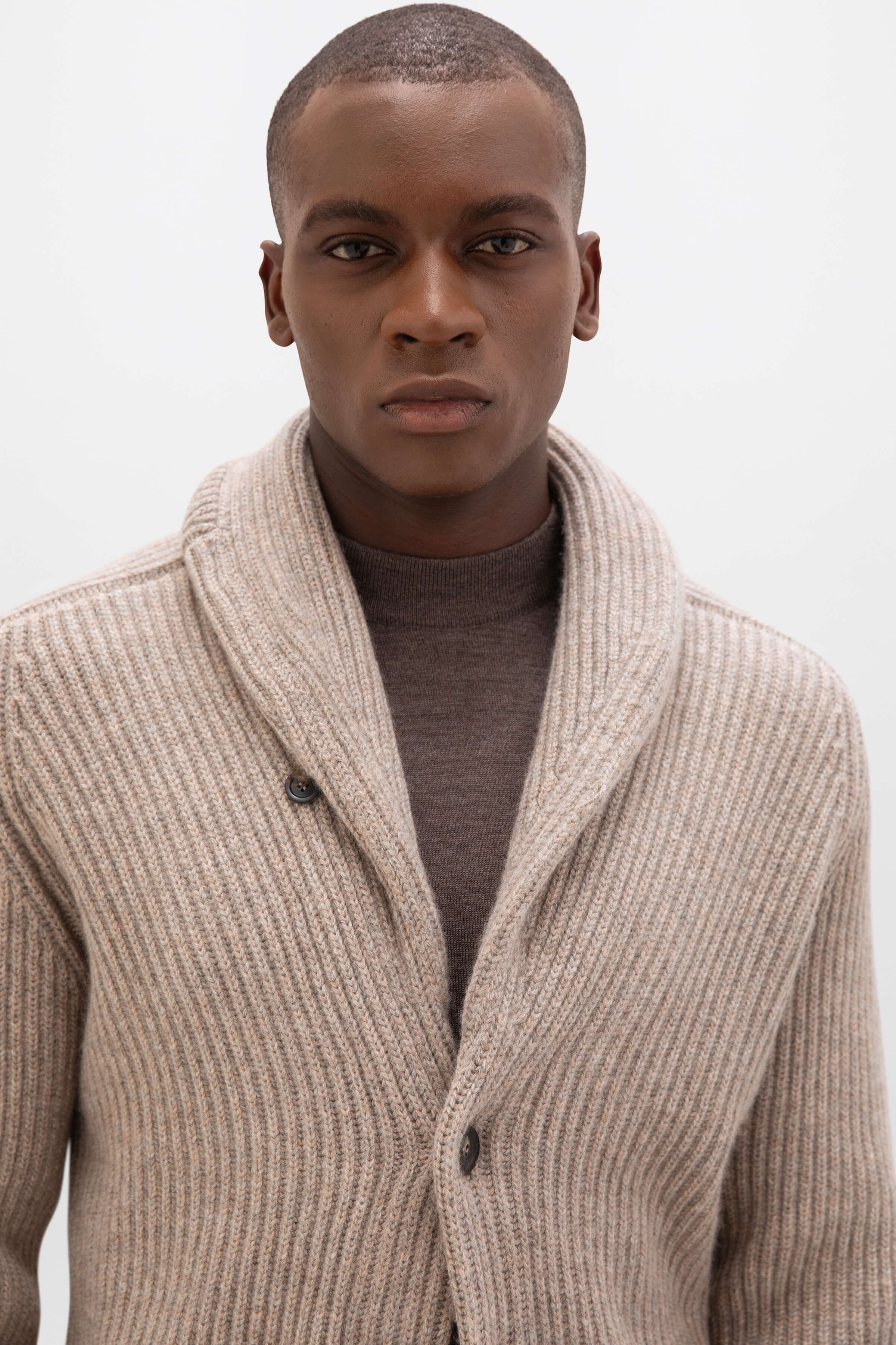 Johnstons of Elgin - Ribbed Shawl Collar Light Brown Cashmere Cardigan
