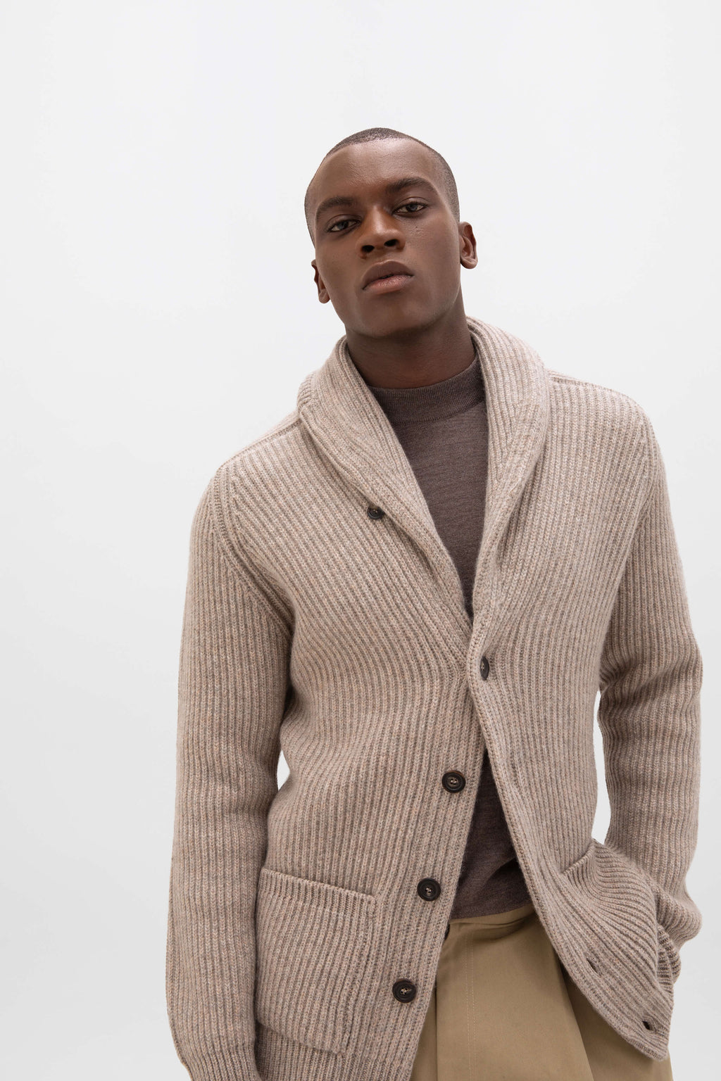 Johnstons of Elgin - Ribbed Shawl Collar Light Brown Cashmere Cardigan