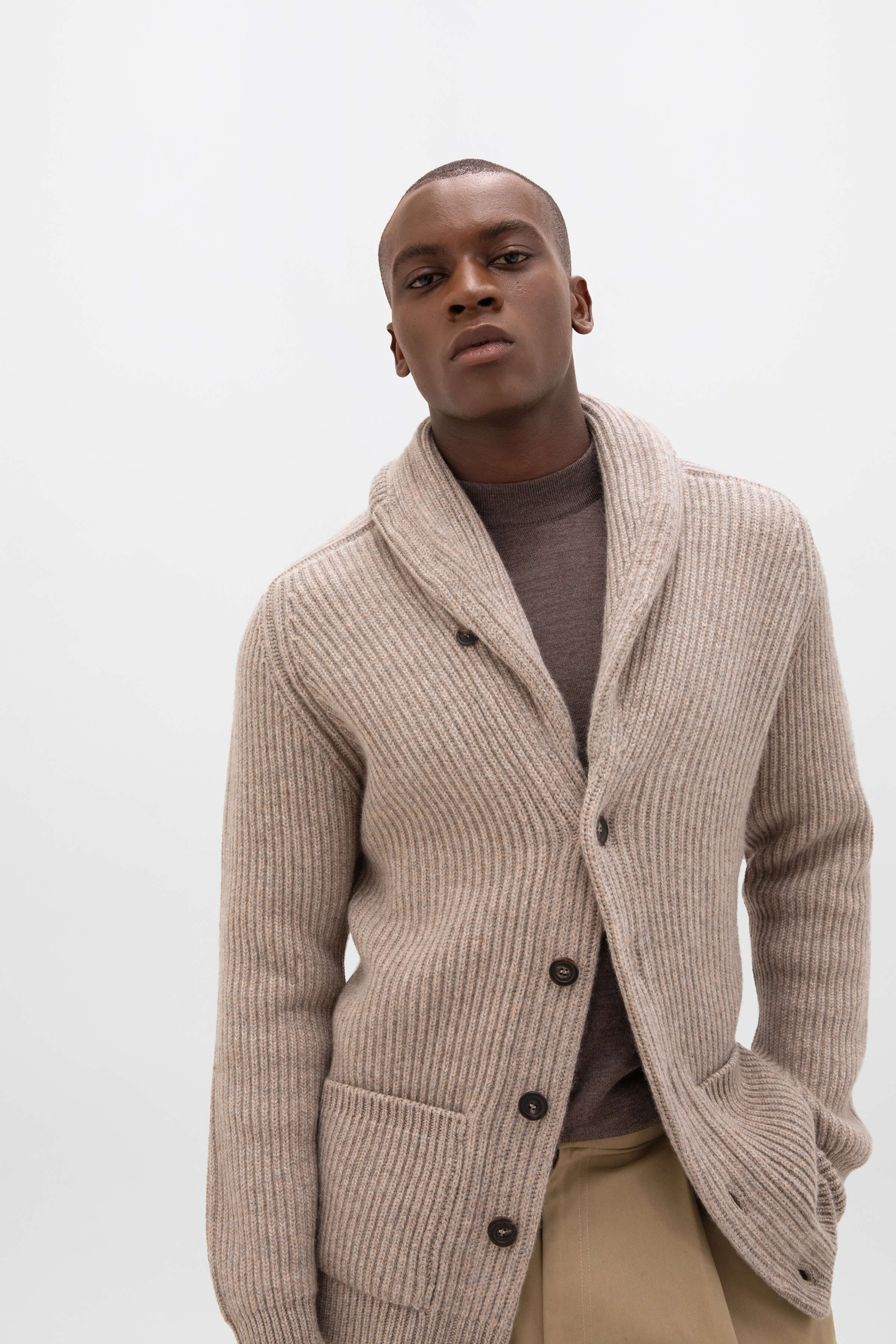 Johnstons of Elgin - Ribbed Shawl Collar Light Brown Cashmere Cardigan