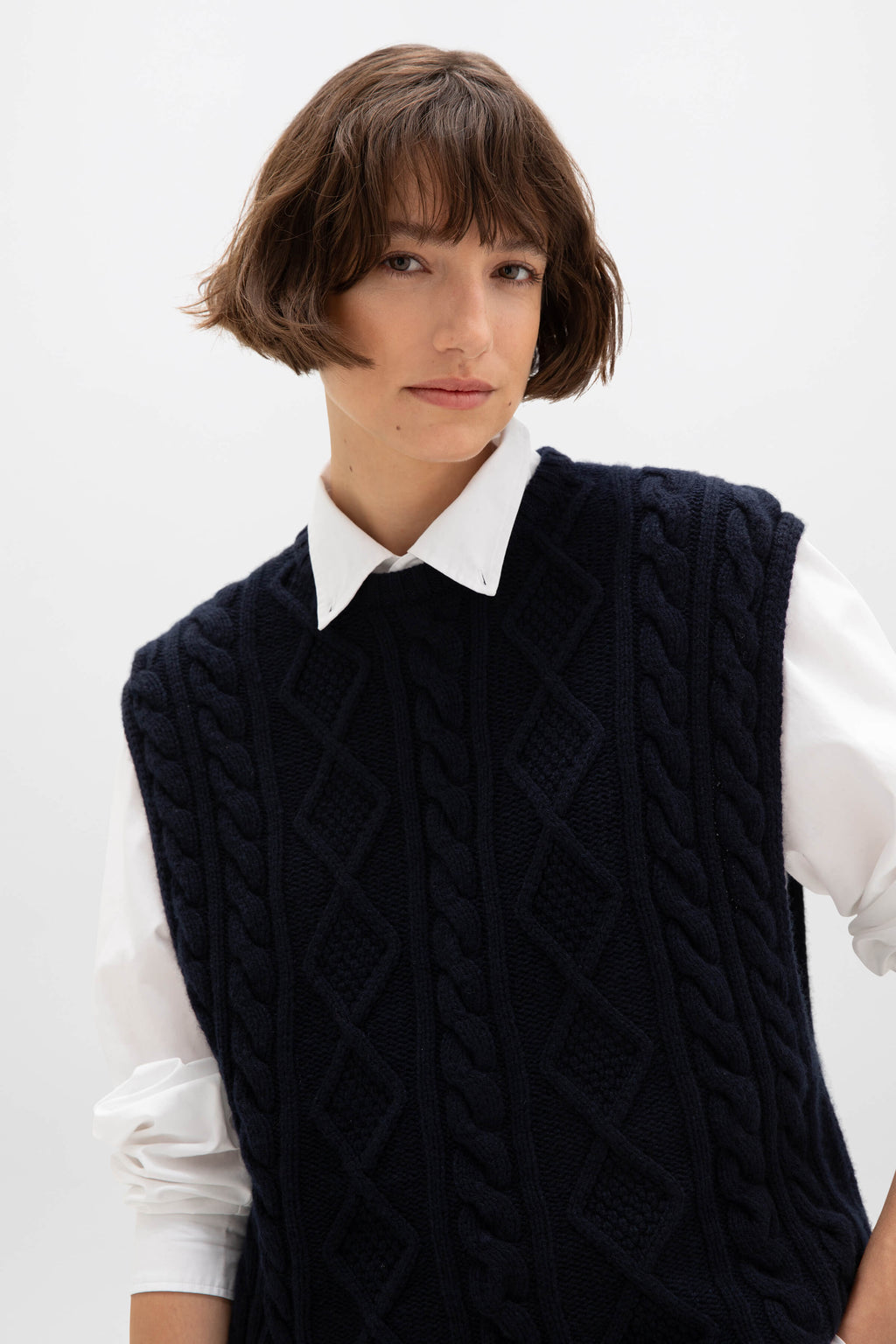 Johnstons of Elgin - Aran Cable Knit Dark Navy Cashmere Tank