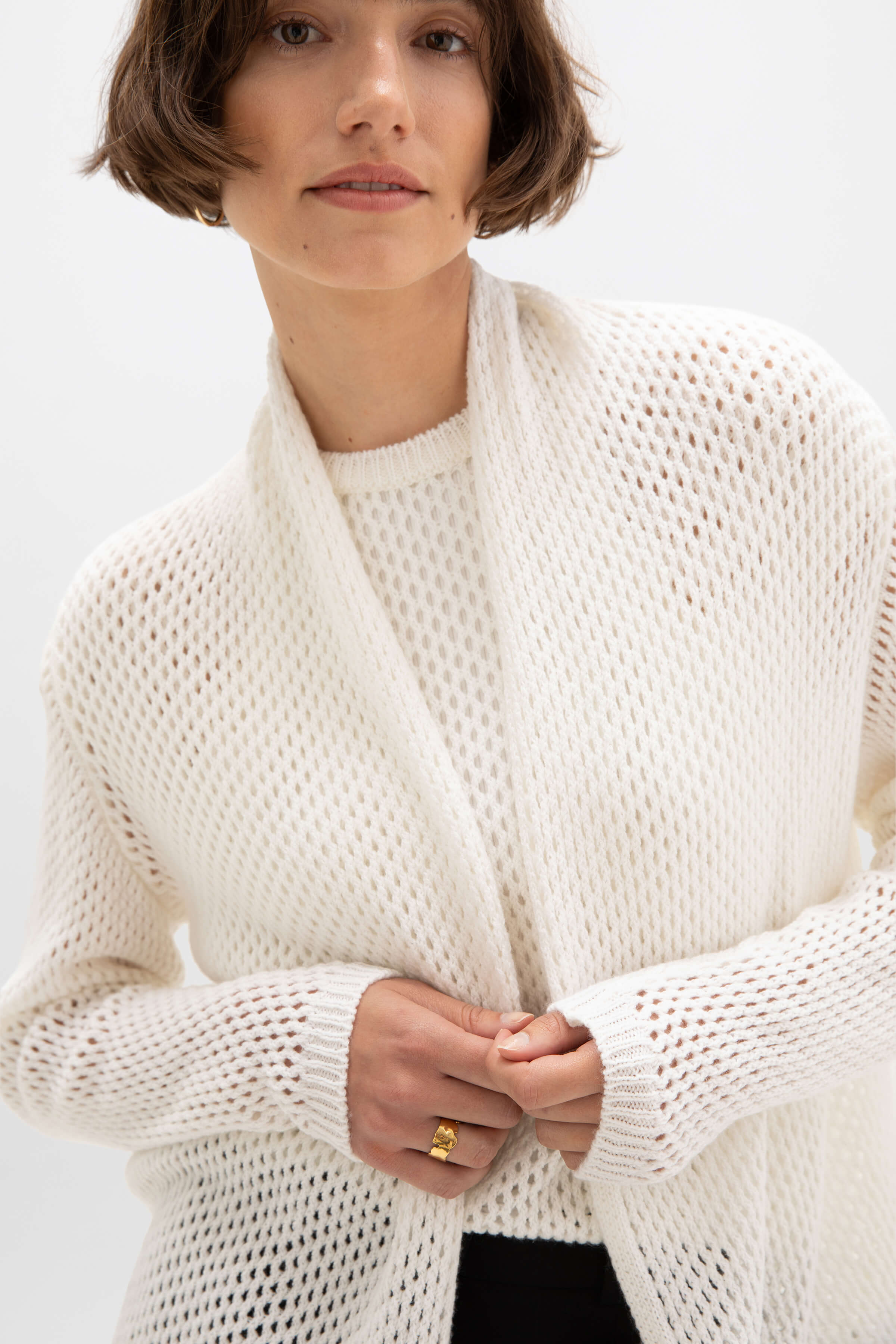 Johnstons of Elgin - Crochet Cashmere Shawl Collar White Cardigan