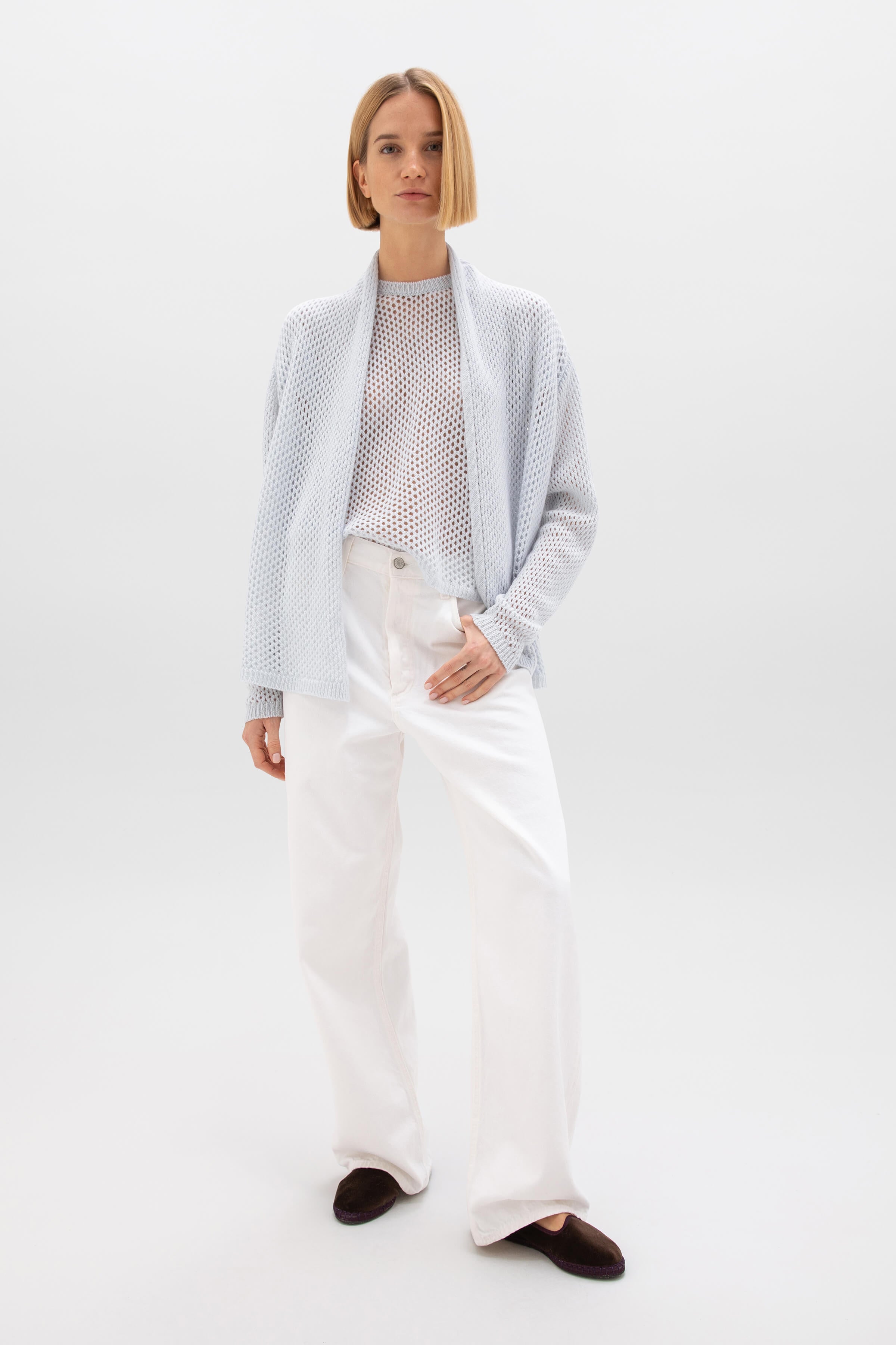 Johnstons of Elgin - Crochet Light Blue Cashmere Shawl Collar Cardigan
