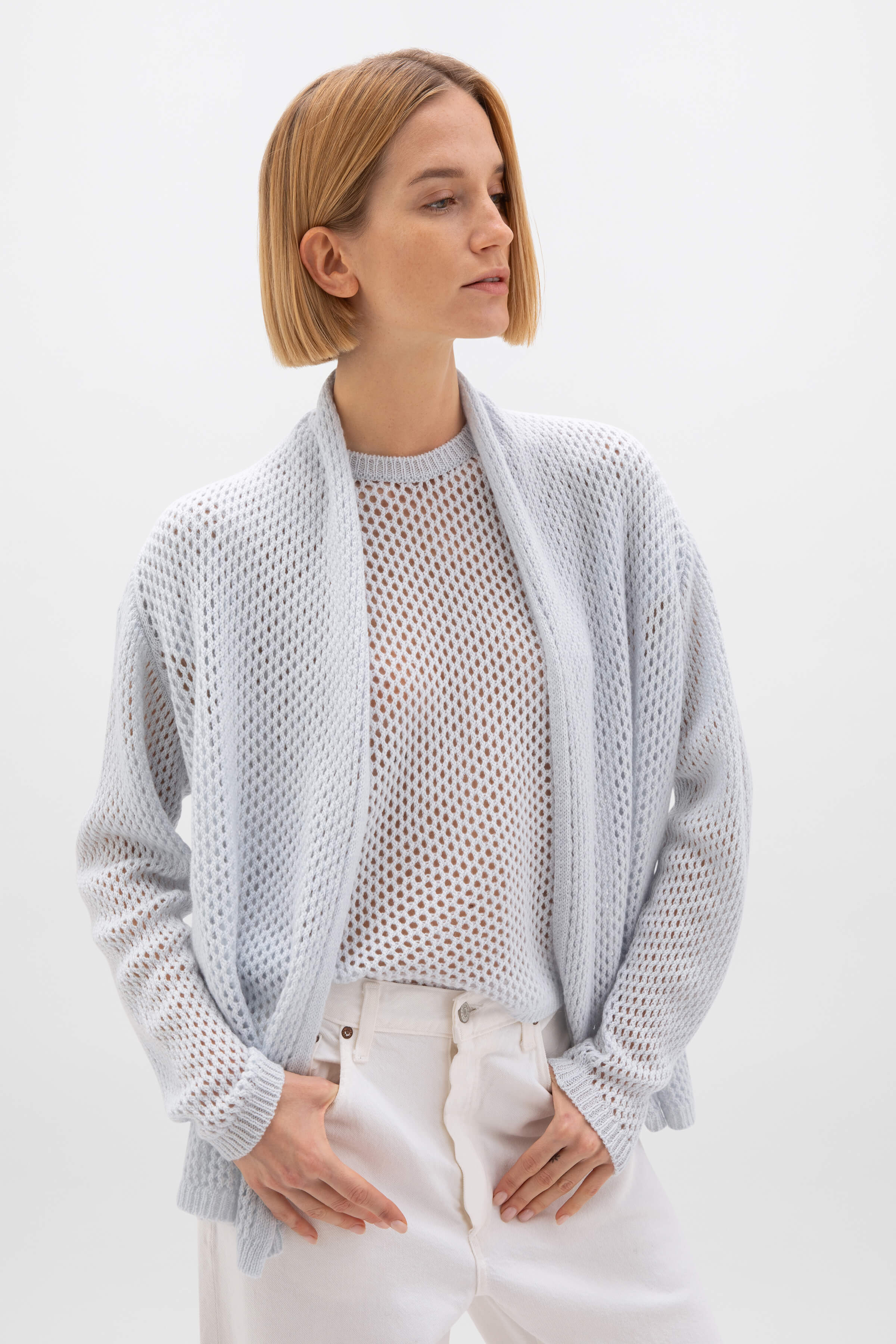 Johnstons of Elgin - Crochet Light Blue Cashmere T - Shirt