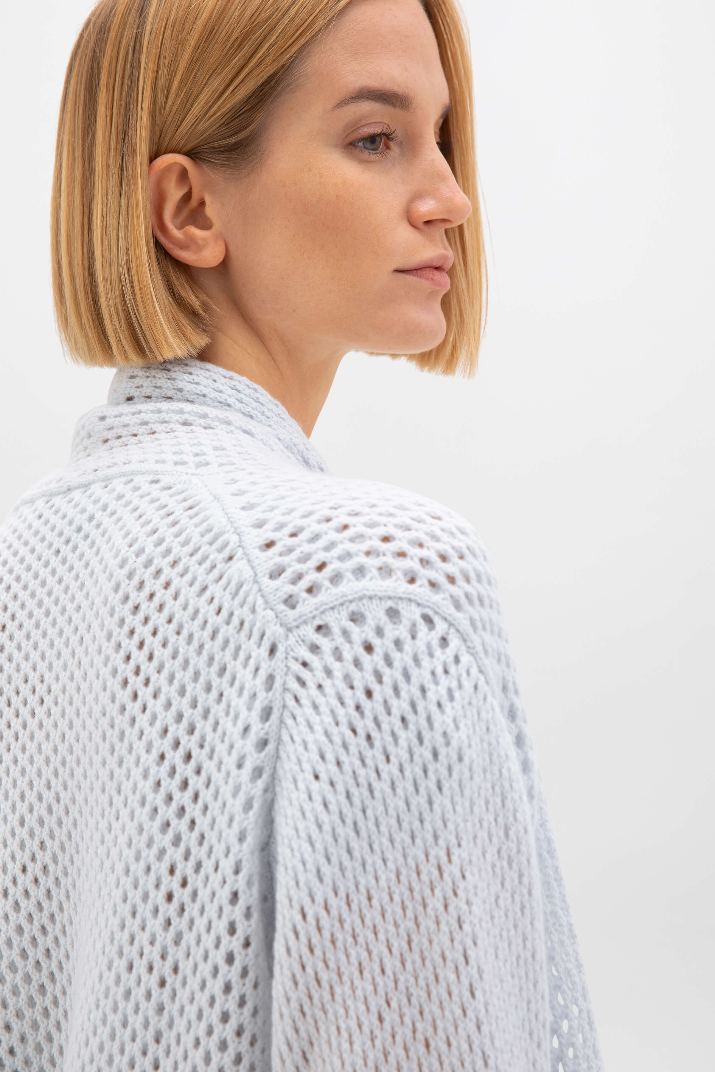 Johnstons of Elgin - Crochet Light Blue Cashmere Shawl Collar Cardigan