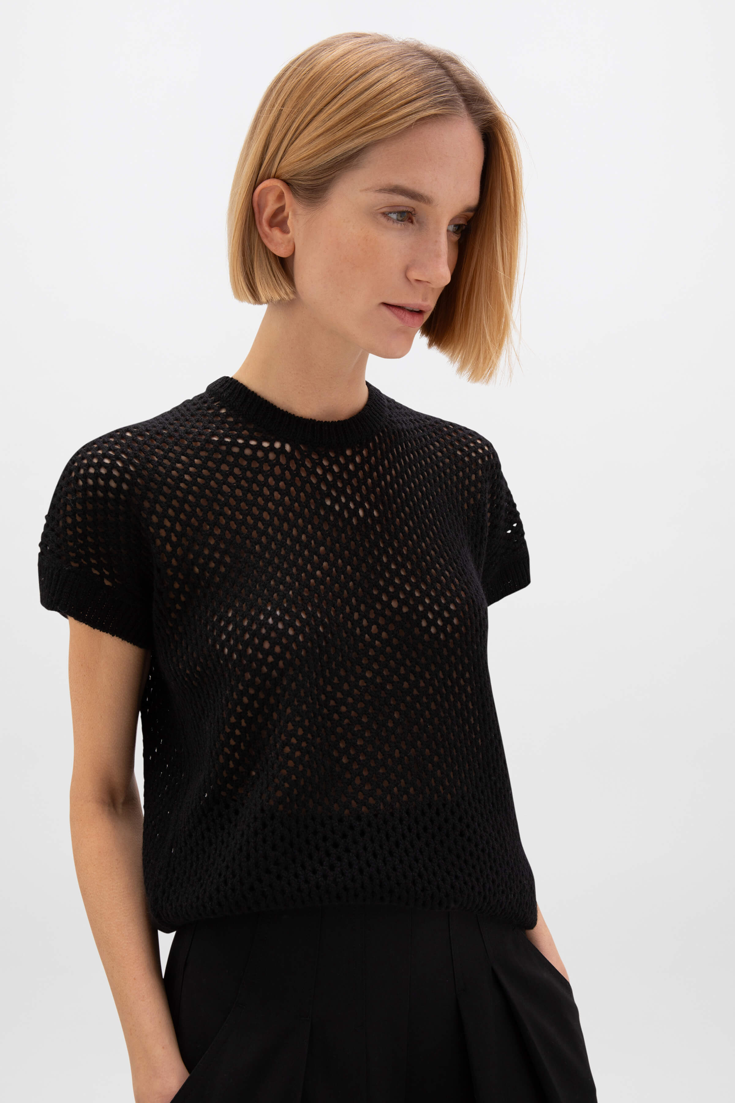 Johnstons of Elgin - Crochet Cashmere Black T - Shirt
