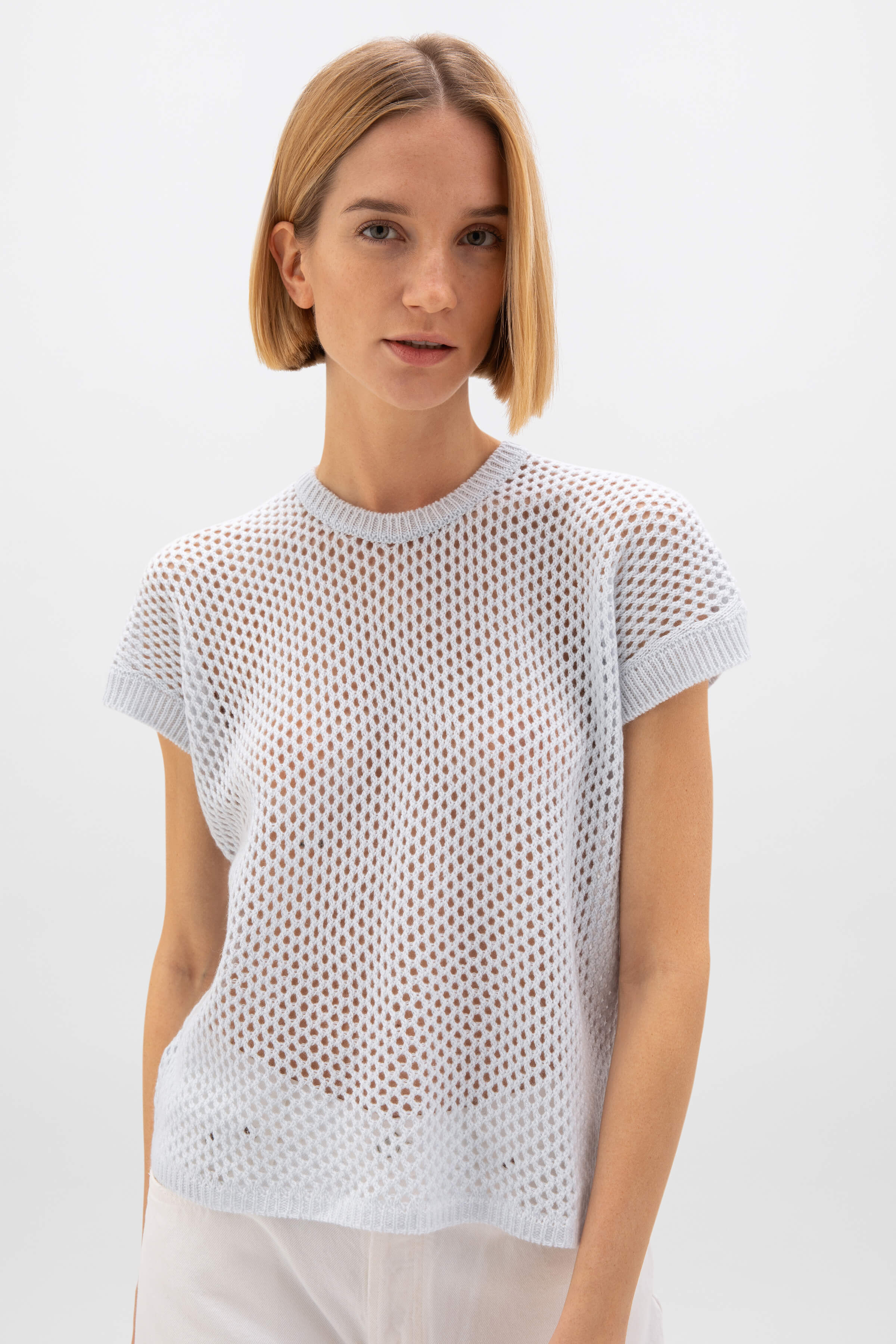 Johnstons of Elgin - Crochet Light Blue Cashmere T - Shirt