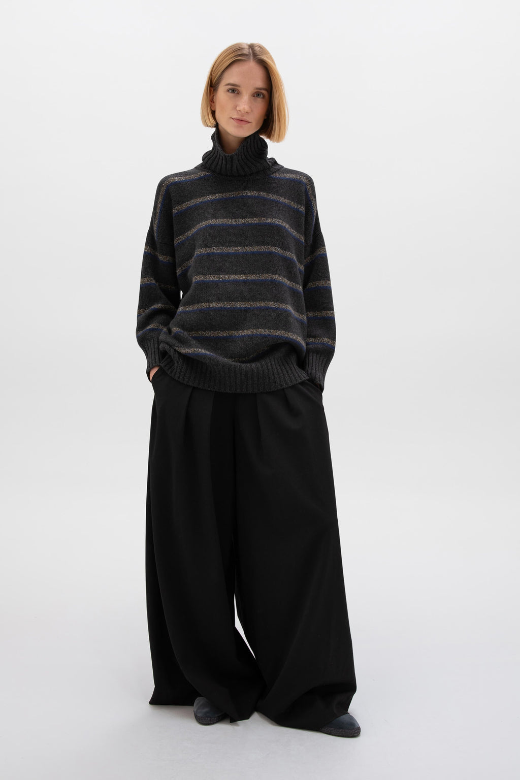 Johnstons of Elgin - Marl Stripe Cashmere Roll Neck