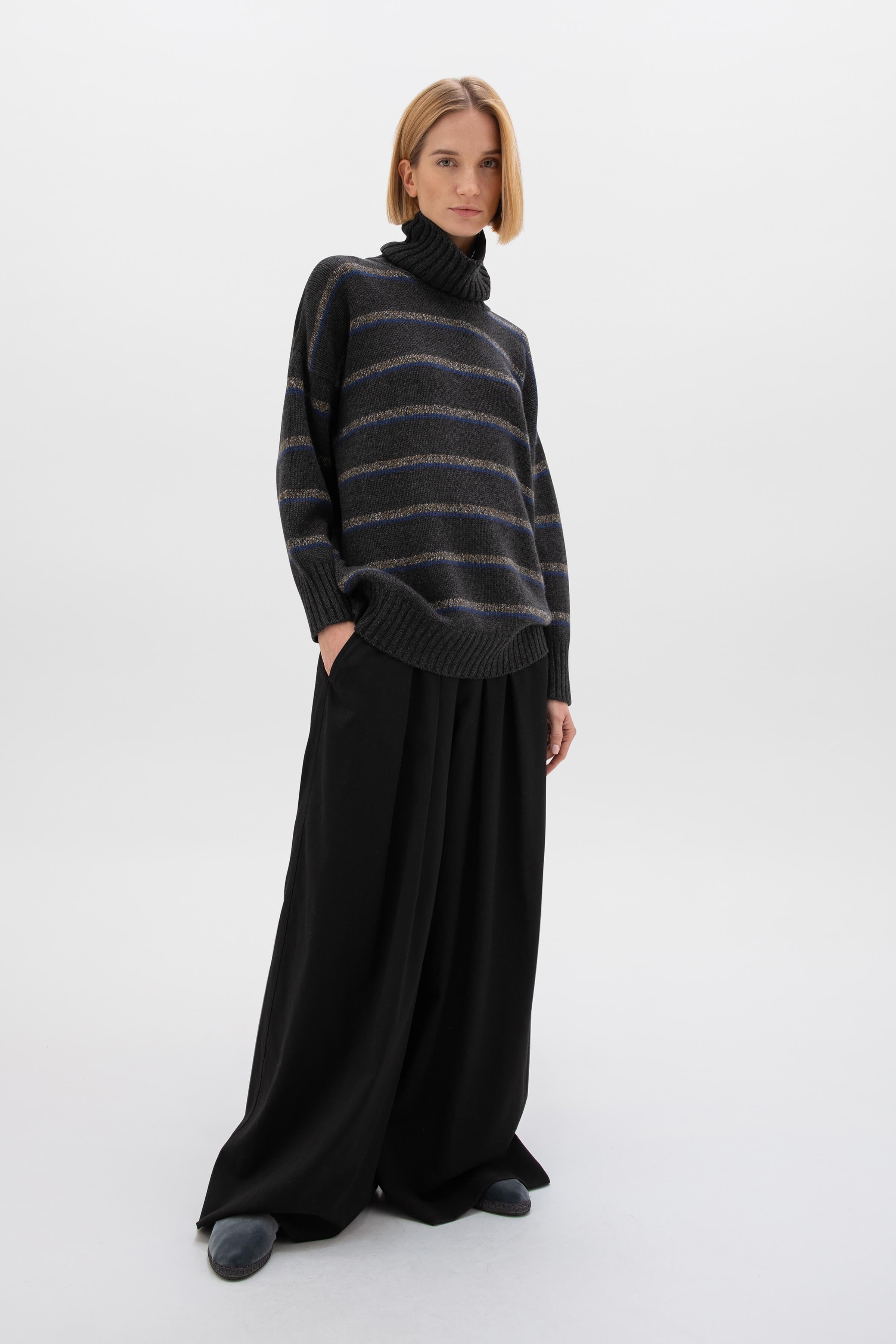 Johnstons of Elgin - Marl Stripe Cashmere Roll Neck