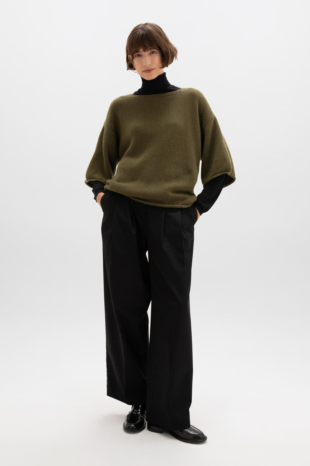 Johnstons of Elgin - Boat Neck Olive Green Cashmere Jumper