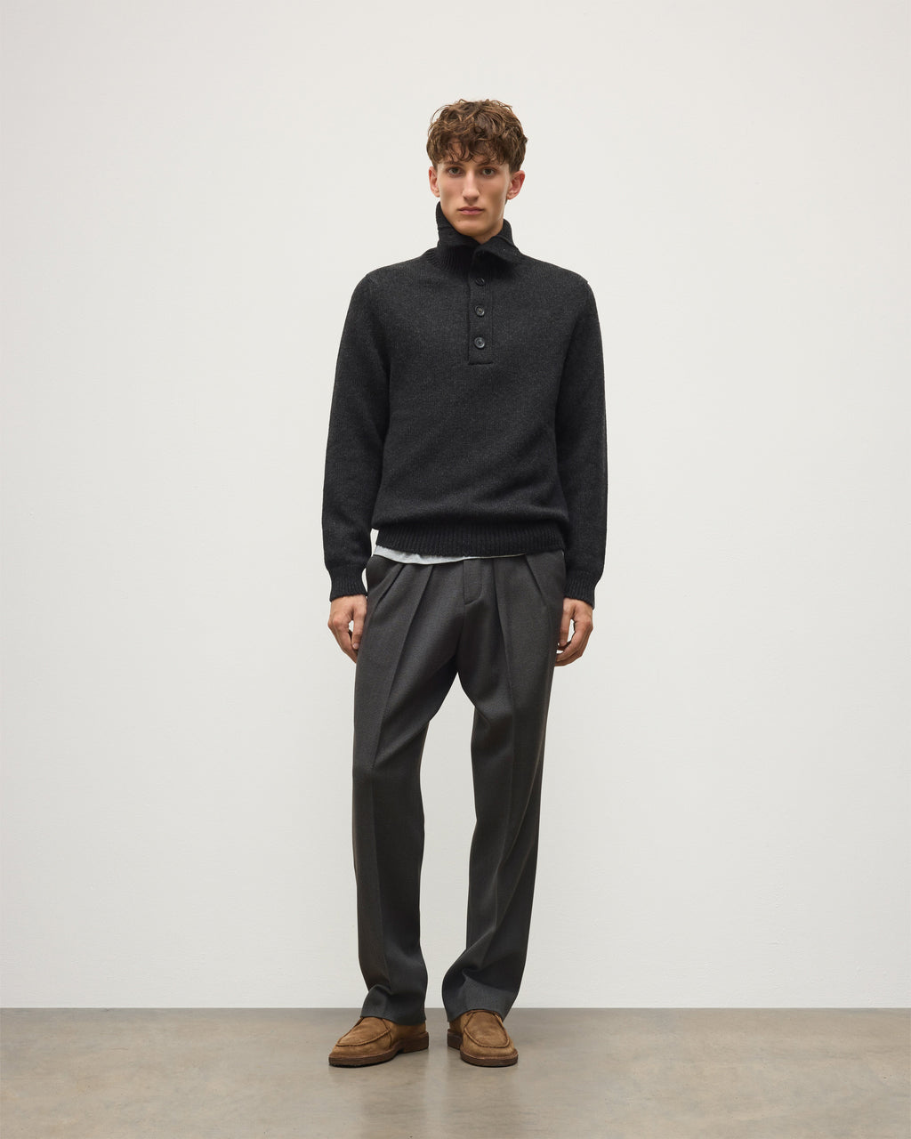 Johnstons of Elgin - Douglas Button Neck Dark Grey Cashmere Jumper