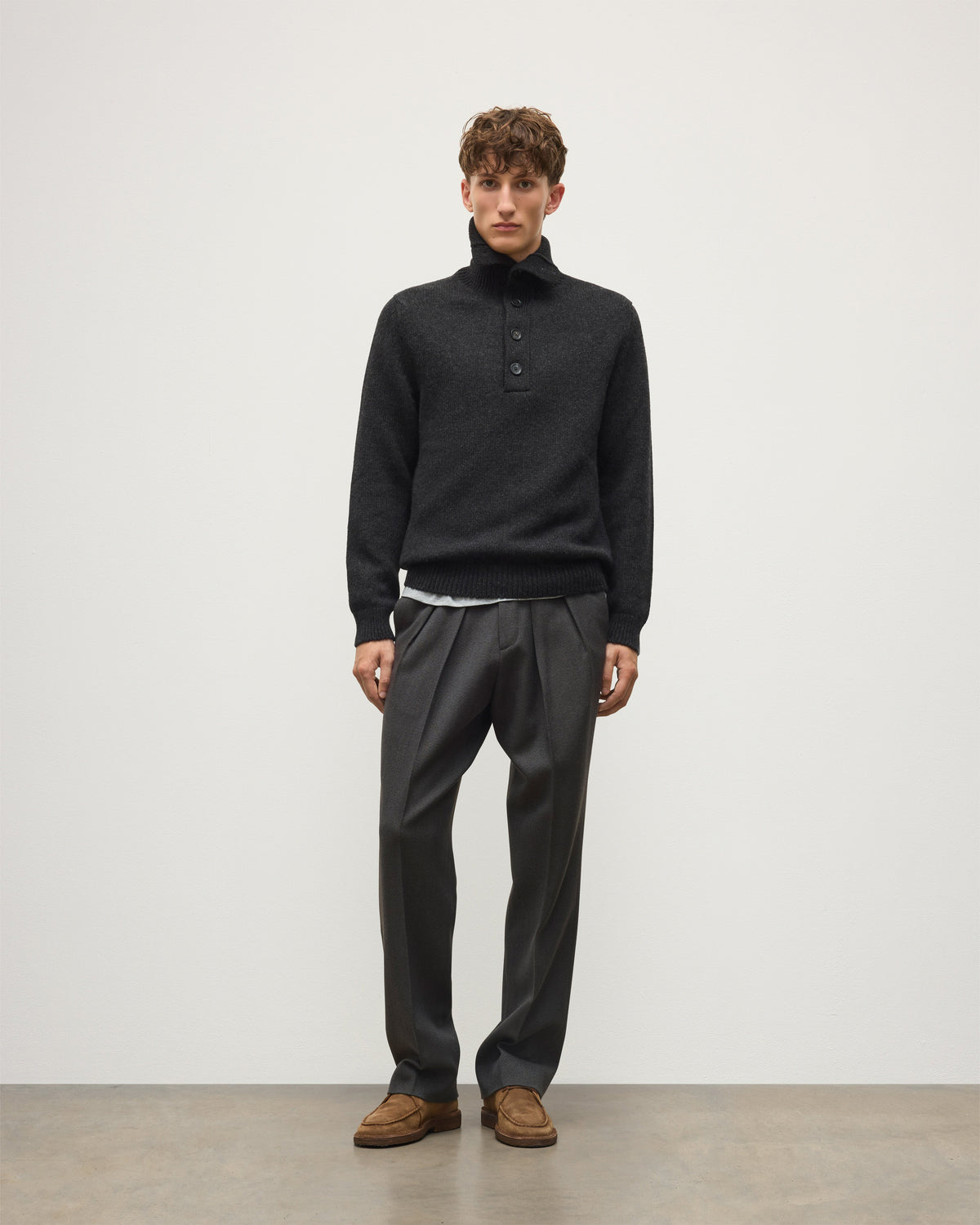 Johnstons of Elgin - Douglas Button Neck Dark Grey Cashmere Jumper