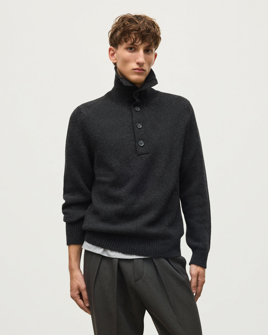 Johnstons of Elgin - Douglas Button Neck Dark Grey Cashmere Jumper