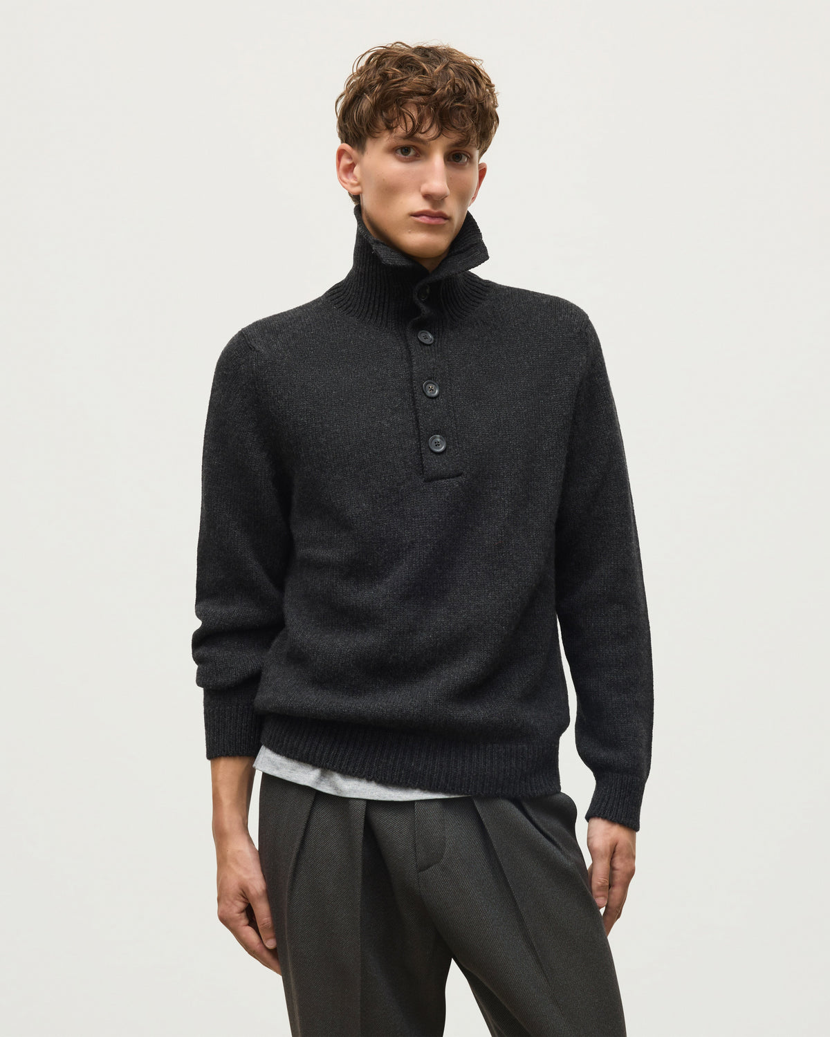 Johnstons of Elgin - Douglas Button Neck Dark Grey Cashmere Jumper