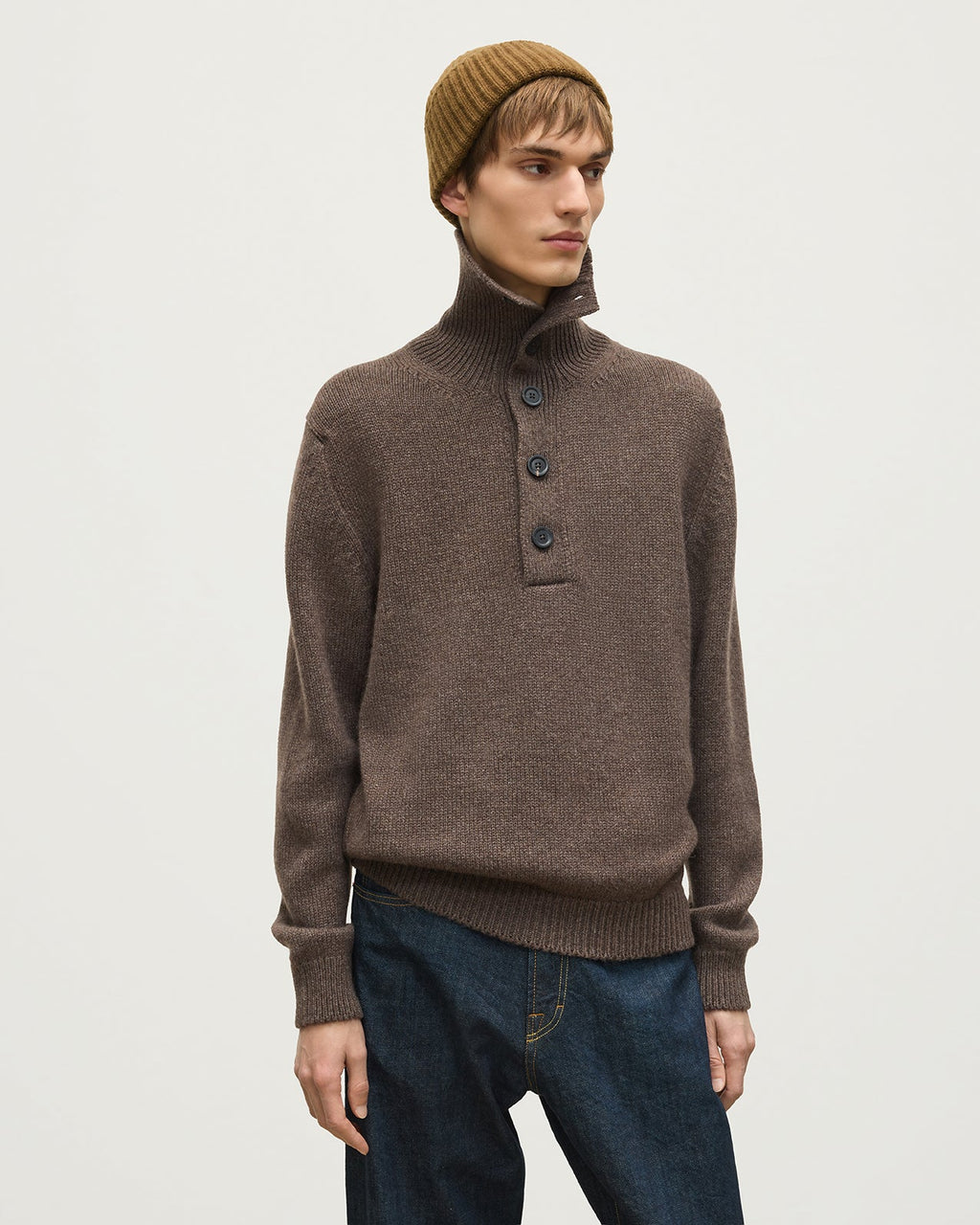 Johnstons of Elgin - Douglas Button Neck Brown Cashmere Jumper