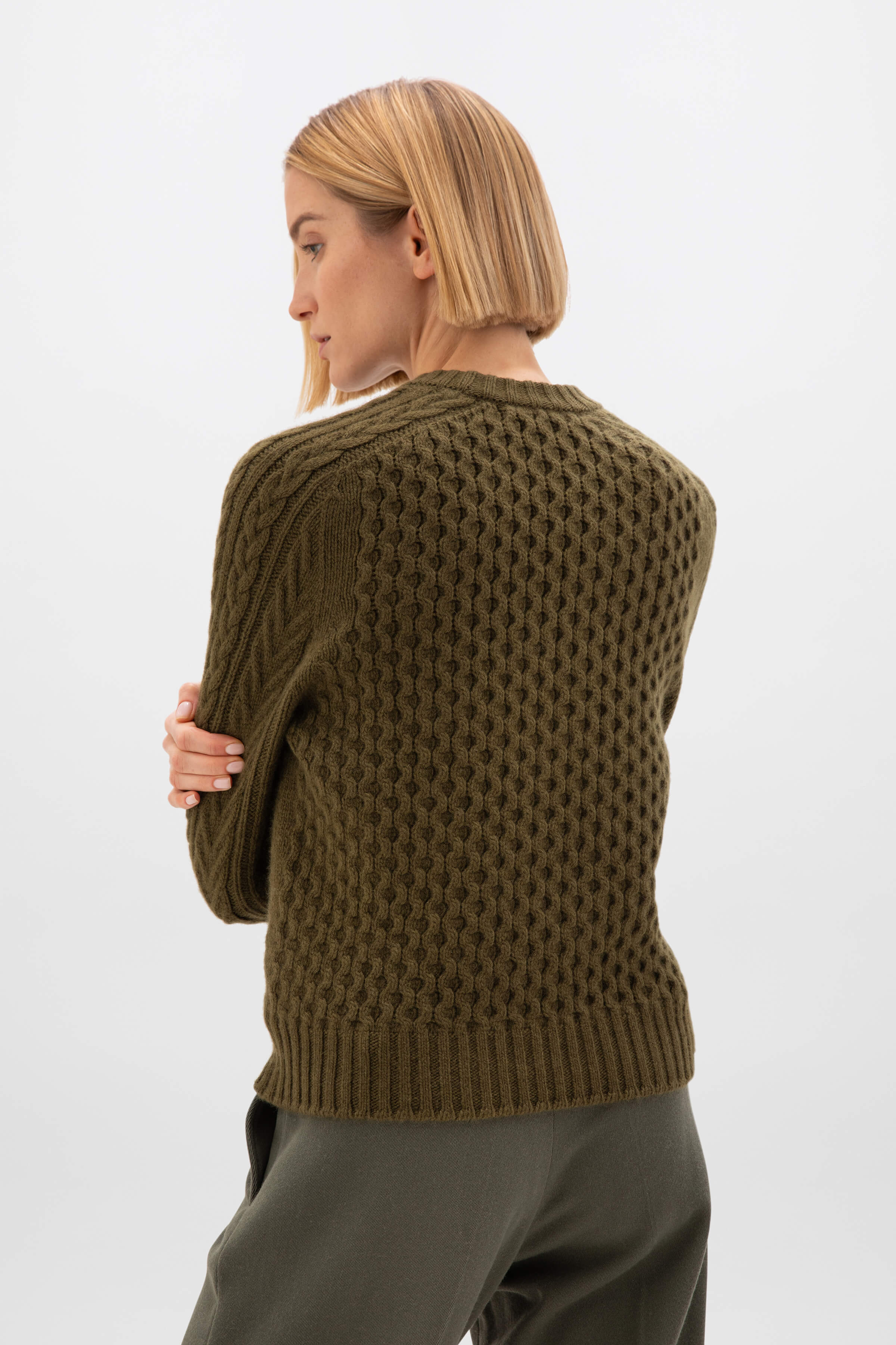 Johnstons of Elgin - Aran Cable Olive Green Cashmere Jumper