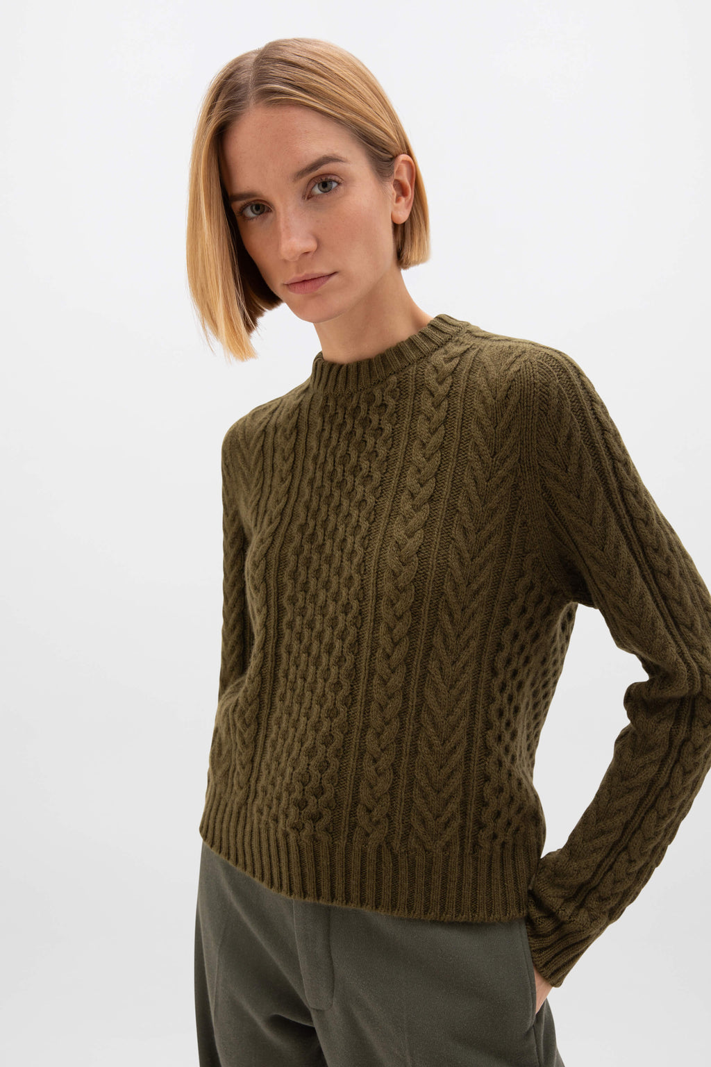 Johnstons of Elgin - Aran Cable Olive Green Cashmere Jumper