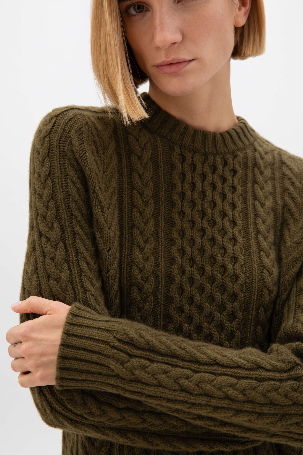 Johnstons of Elgin - Aran Cable Olive Green Cashmere Jumper