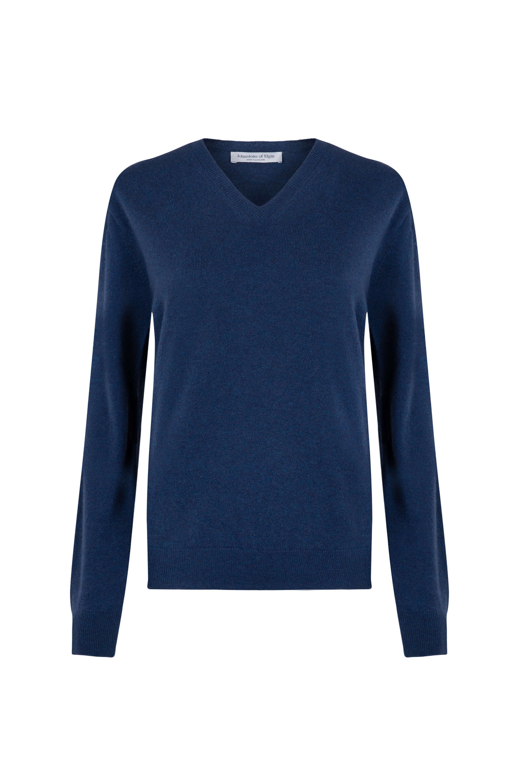 Johnstons of Elgin - Women's Cashmere V Neck Mid Blue Jumper