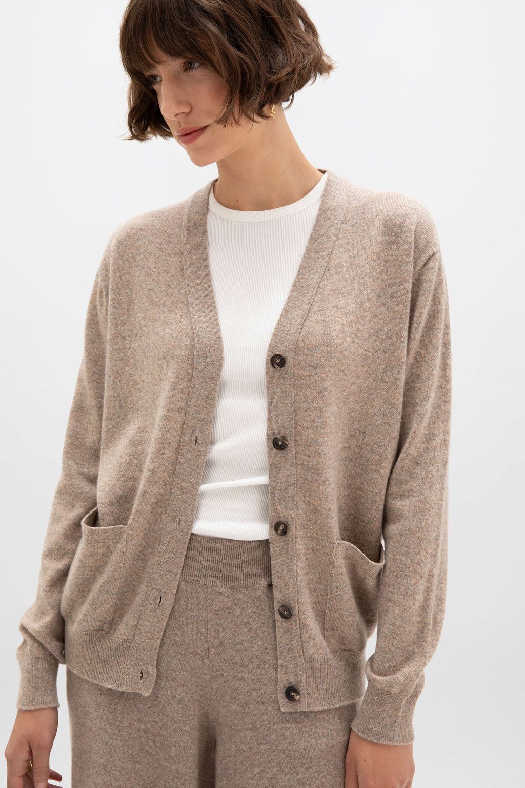 Johnstons of Elgin - Cashmere Boyfriend Light Brown Cardigan