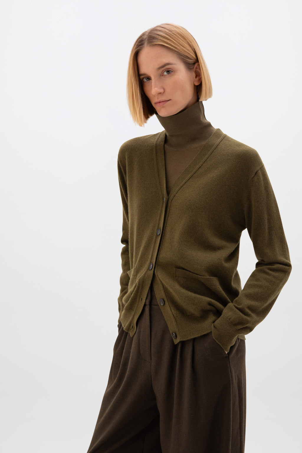 Johnstons of Elgin - Cashmere Boyfriend Olive Green Cardigan