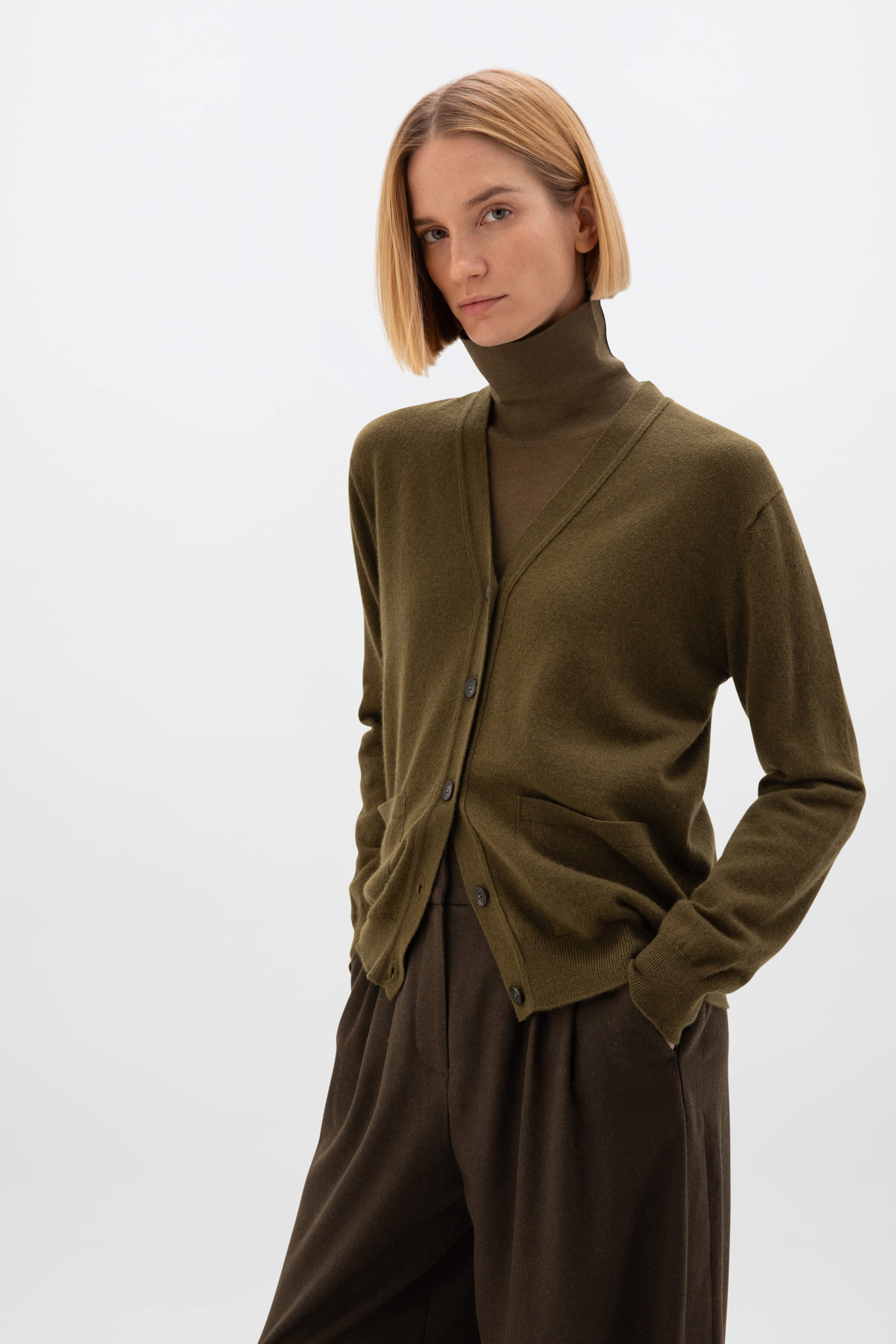 Johnstons of Elgin - Cashmere Boyfriend Olive Green Cardigan
