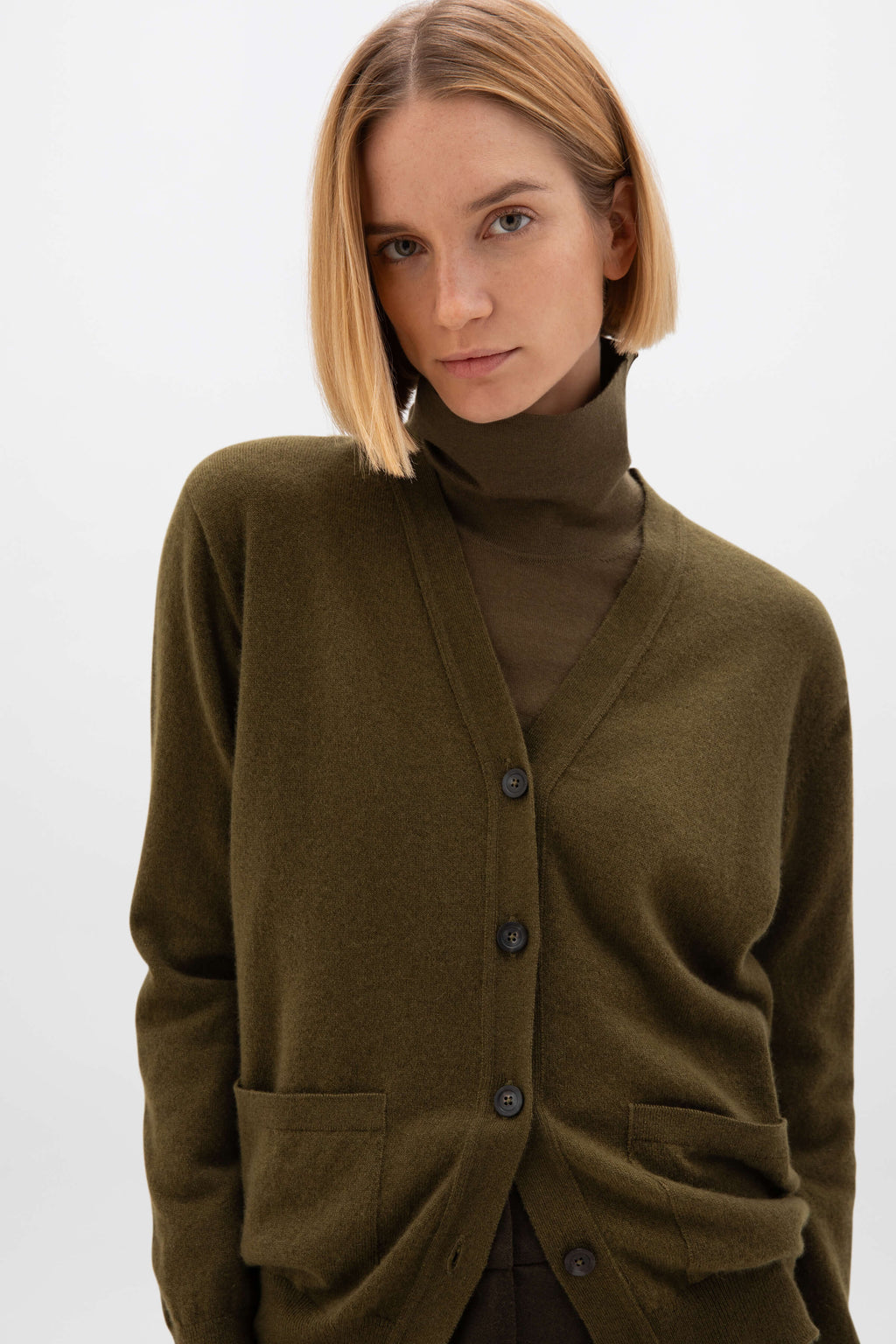Johnstons of Elgin - Cashmere Boyfriend Olive Green Cardigan