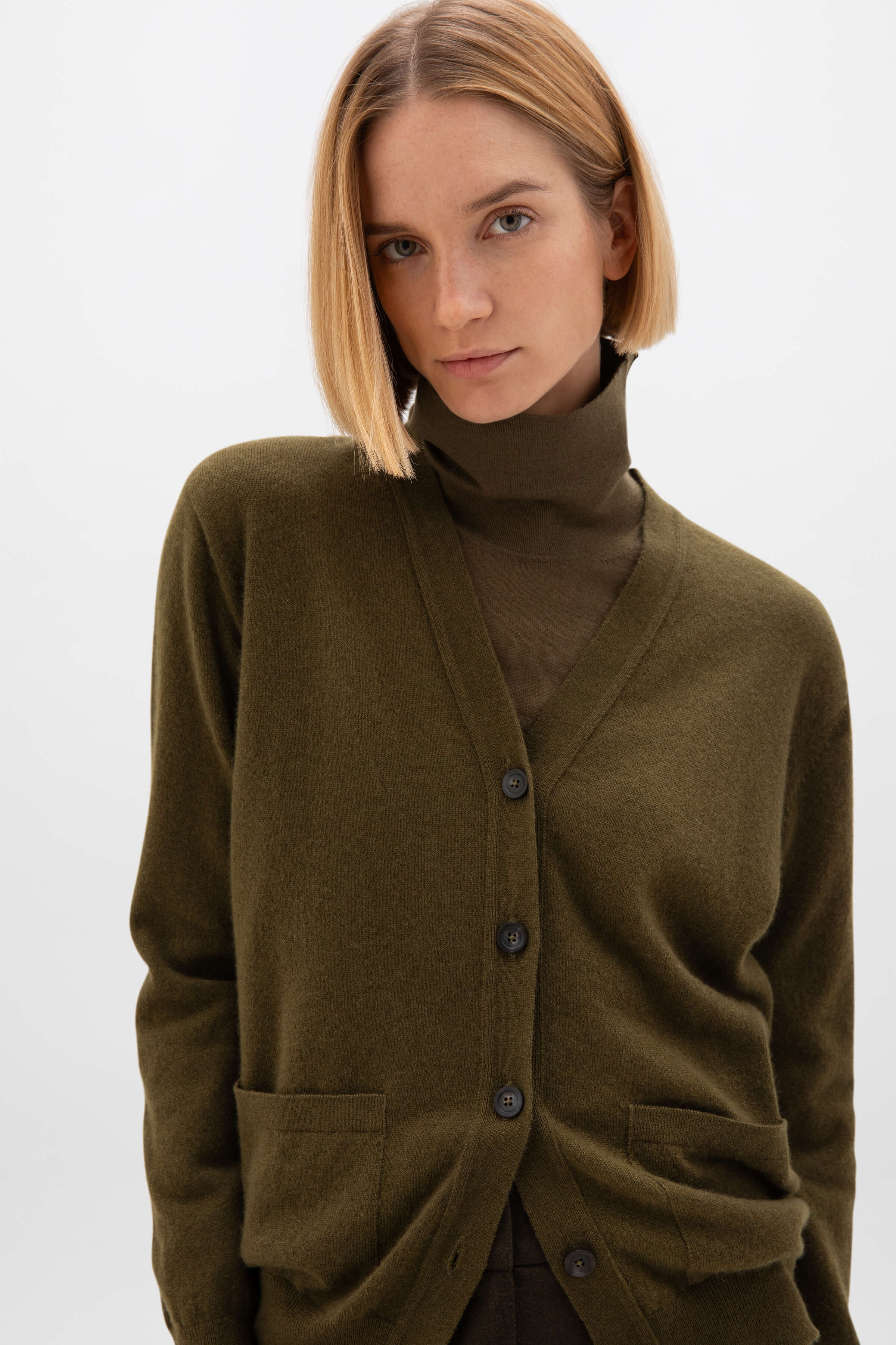 Johnstons of Elgin - Cashmere Boyfriend Olive Green Cardigan