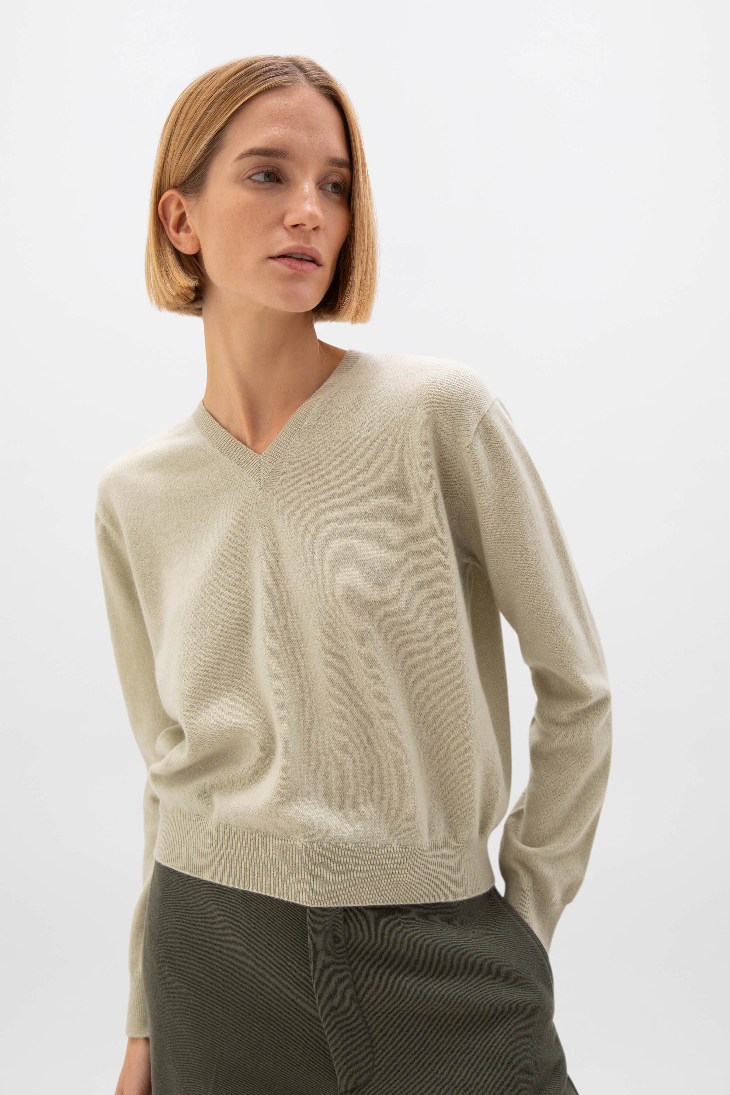 Johnstons of Elgin - Light Green Cashmere V Neck Jumper