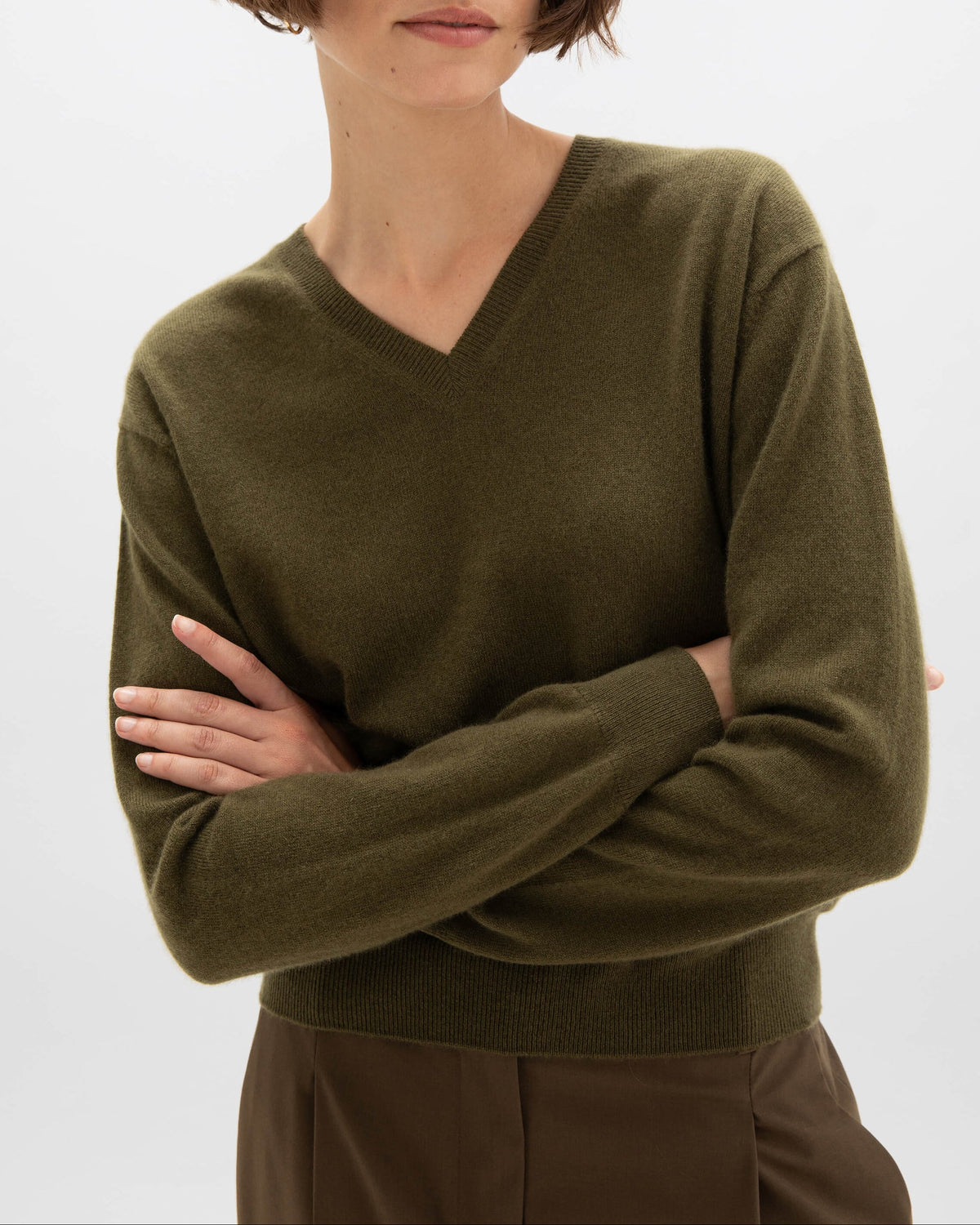 Johnstons of Elgin - Cashmere Olive Green V Neck Jumper