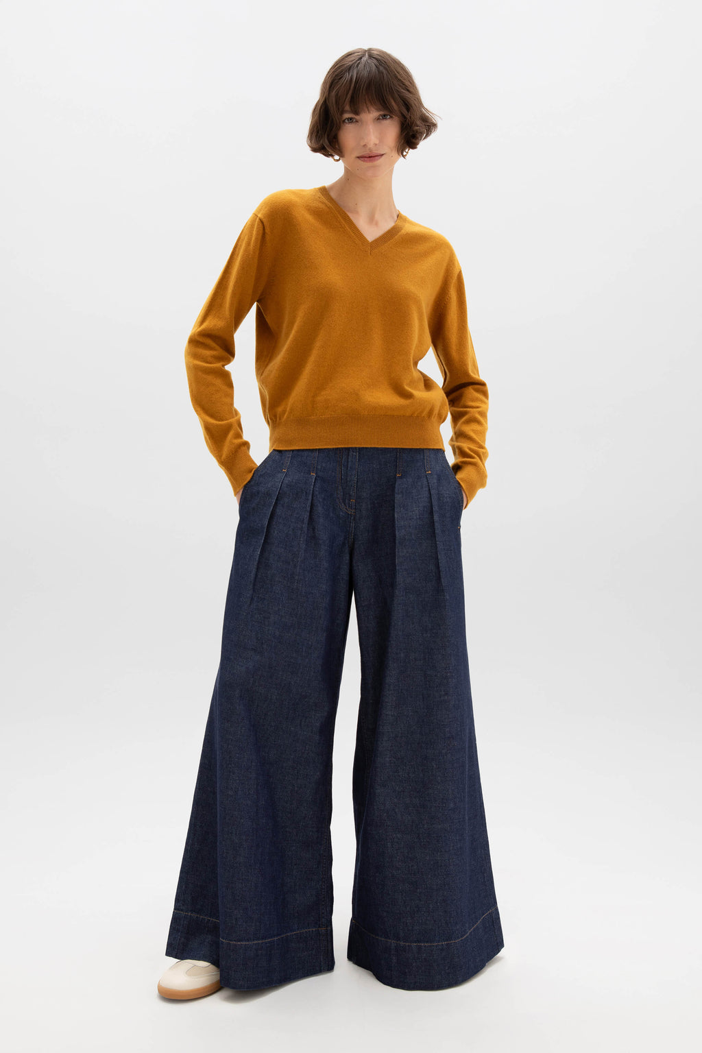 Johnstons of Elgin - Dark Yellow Cashmere V Neck Jumper