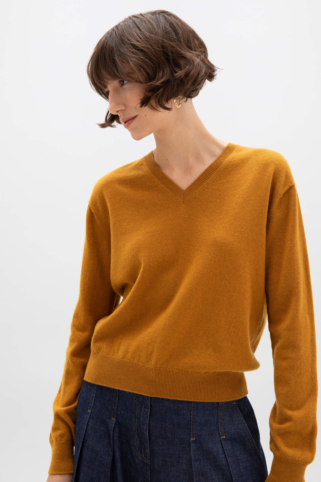 Johnstons of Elgin - Dark Yellow Cashmere V Neck Jumper