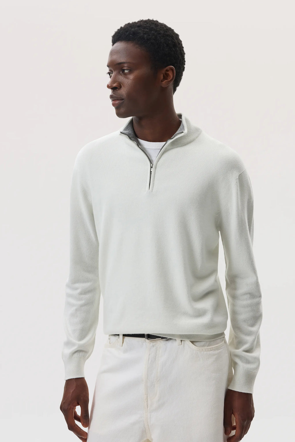 Johnstons of Elgin - Contrast Trim Cashmere White Zip Neck Jumper