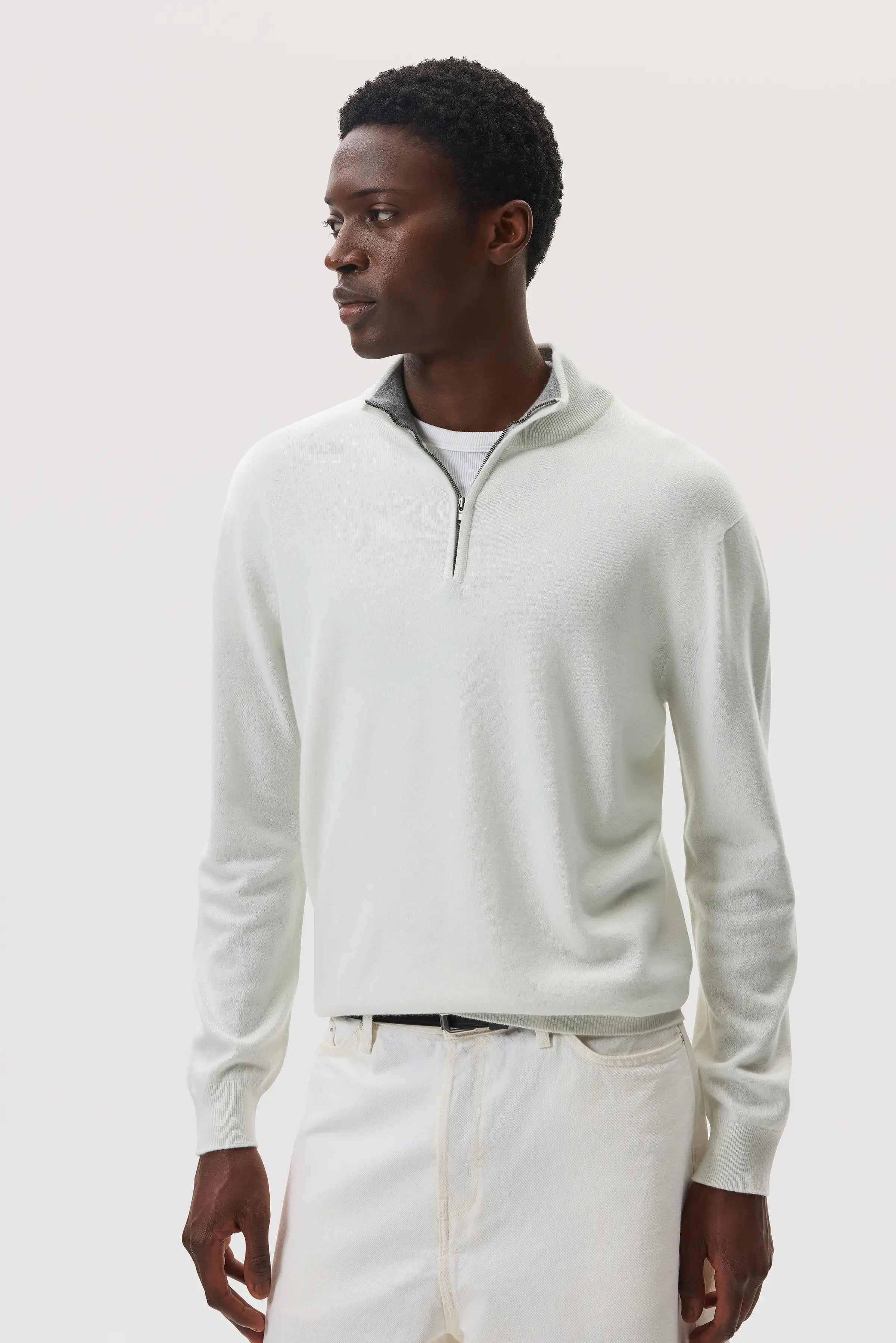 Johnstons of Elgin - Contrast Trim Cashmere White Zip Neck Jumper