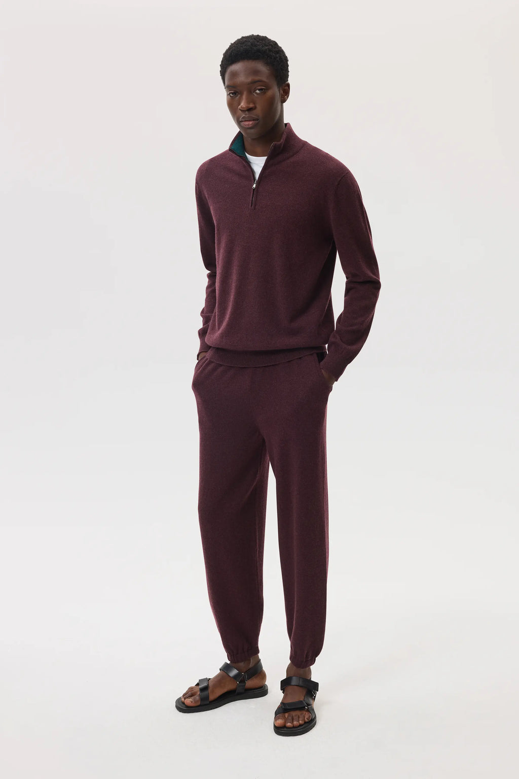 Johnstons of Elgin - Contrast Trim Deep Red Cashmere Zip Neck Jumper