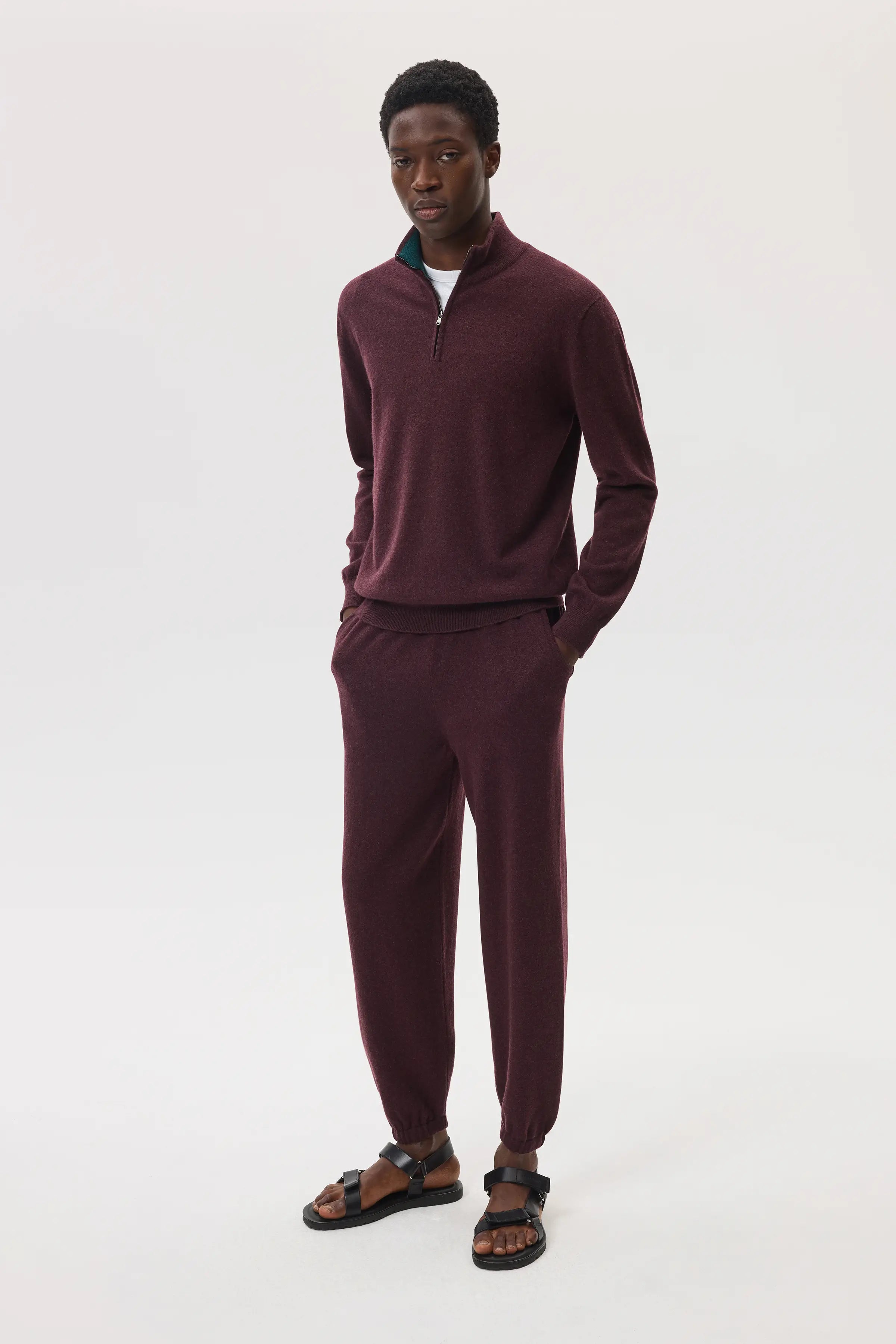 Johnstons of Elgin - Contrast Trim Deep Red Cashmere Zip Neck Jumper