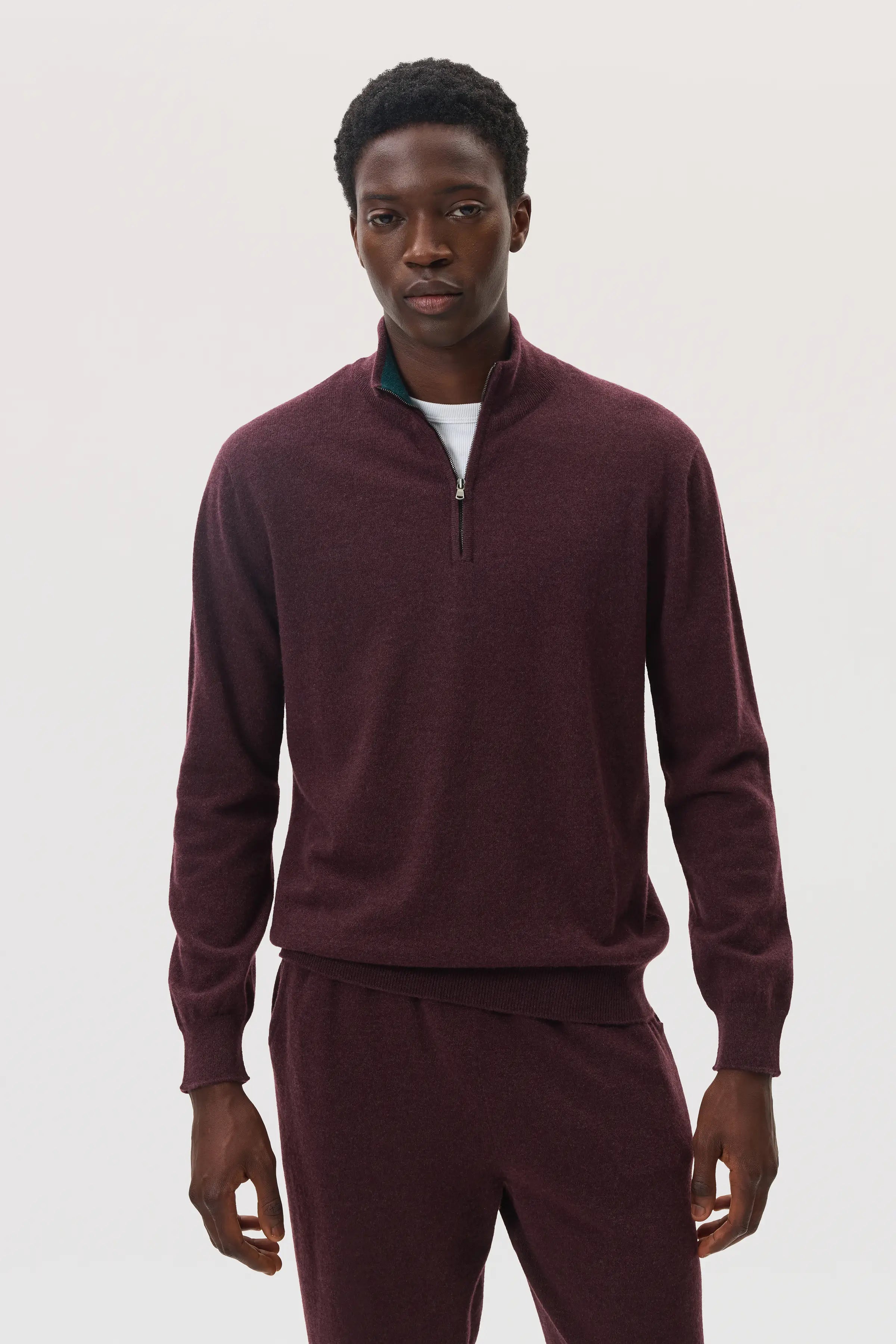 Johnstons of Elgin - Contrast Trim Deep Red Cashmere Zip Neck Jumper