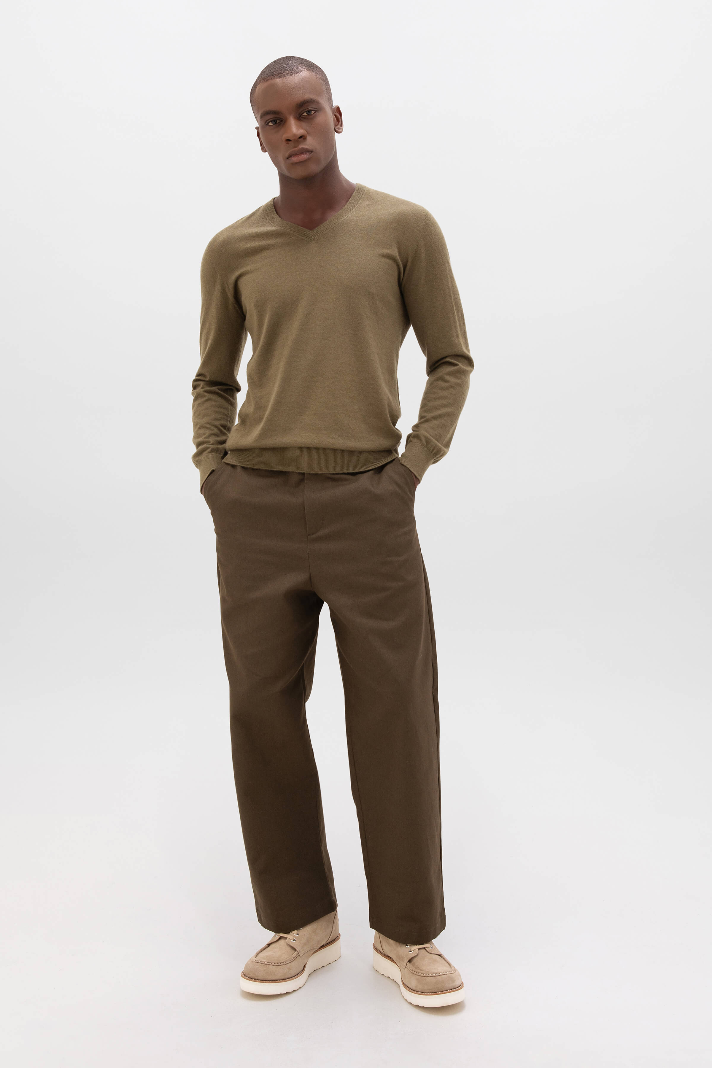 Johnstons of Elgin - Superfine Cashmere V Neck Olive Green Jumper