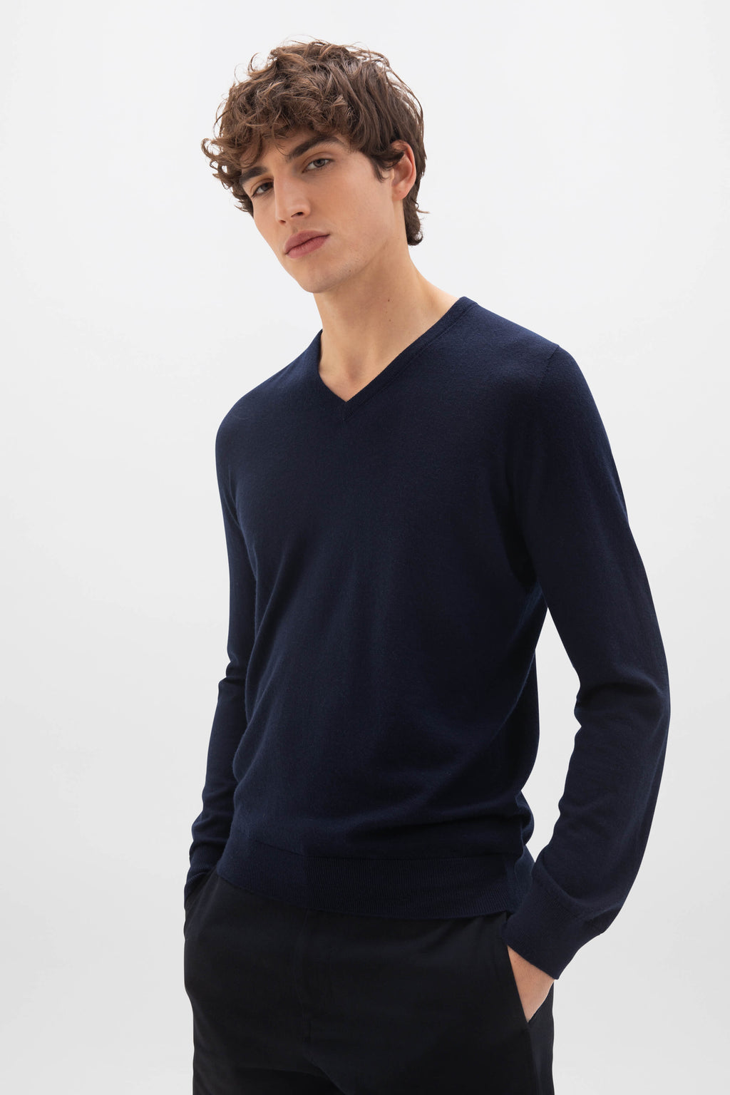 Johnstons of Elgin - Superfine Cashmere Navy V Neck Jumper