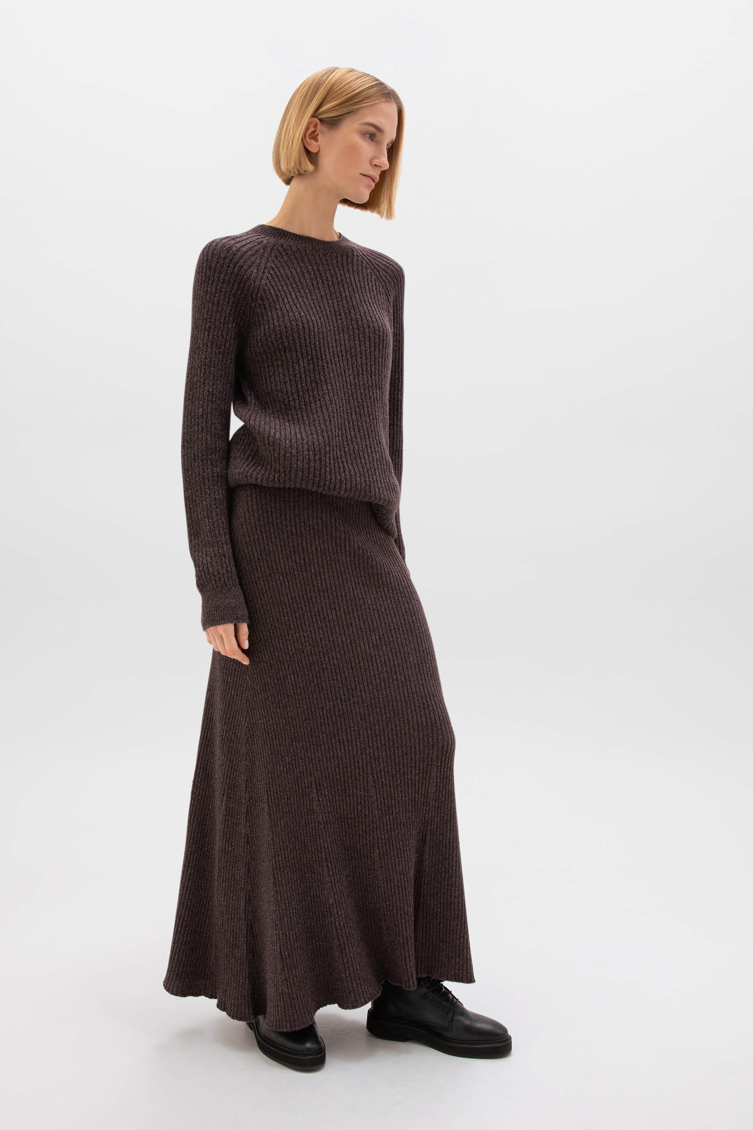 Johnstons of Elgin - Ribbed Brown Marl Cashmere Skirt