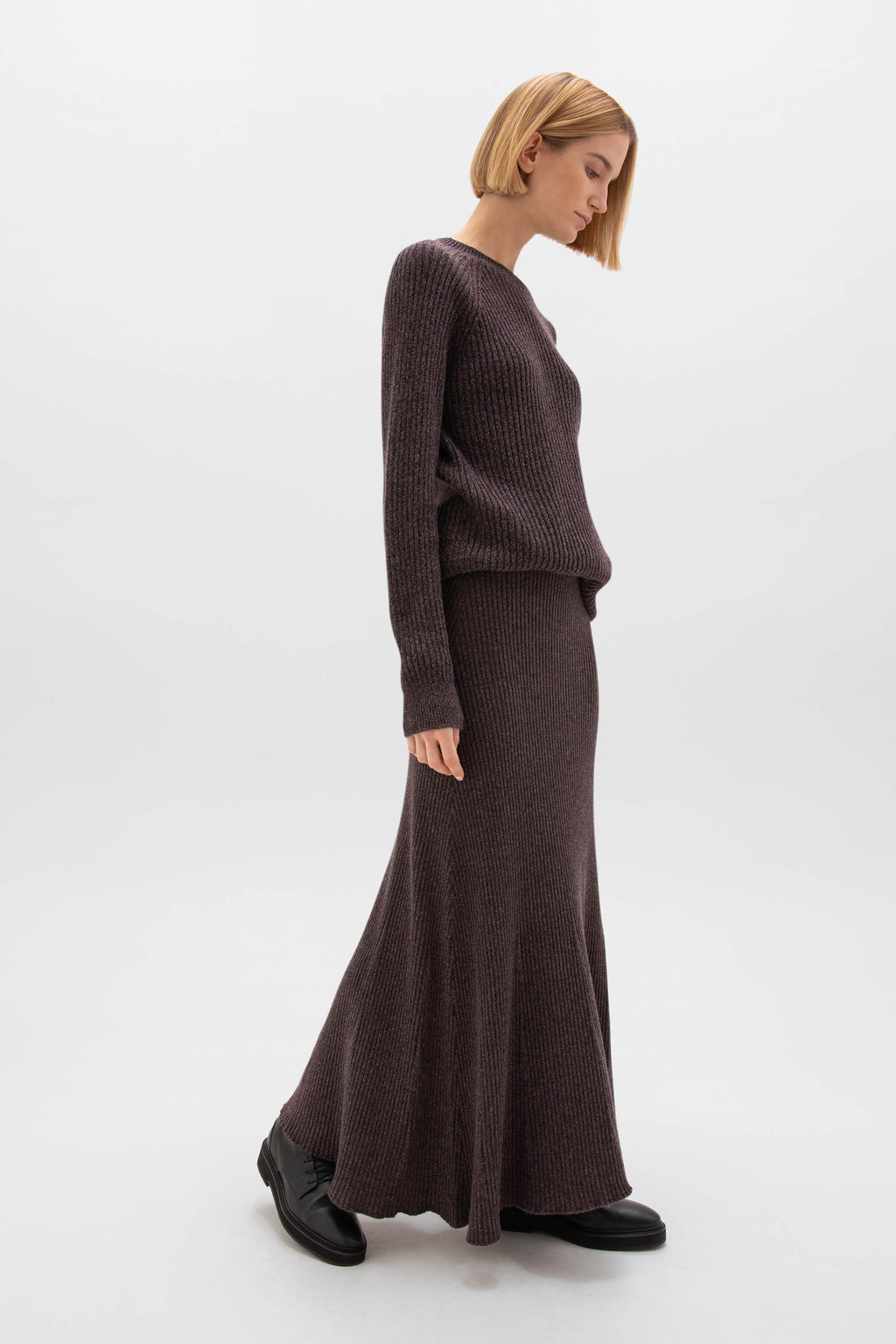 Johnstons of Elgin - Ribbed Brown Marl Cashmere Skirt